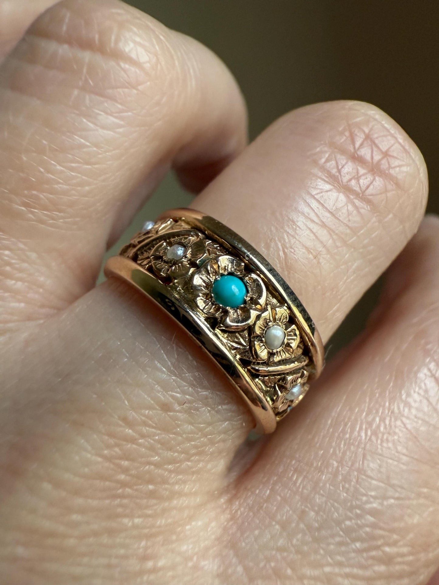 FLORAL Vintage to Art Deco Pearl Turquoise Chunky 7.5mm Wide Band Eternity Ring 6.4g 14k Gold Ornate Detailed Flower Stacker Wedding Heavy