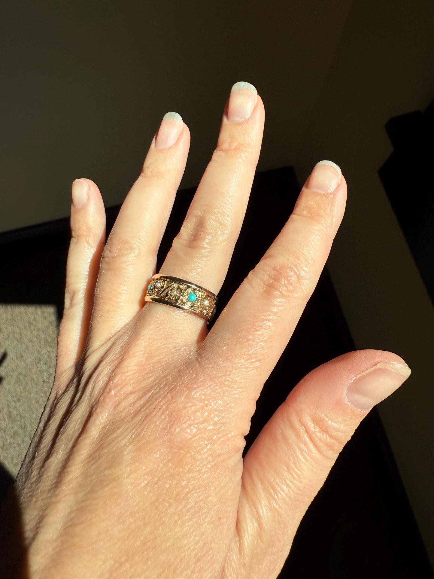 FLORAL Vintage to Art Deco Pearl Turquoise Chunky 7.5mm Wide Band Eternity Ring 6.4g 14k Gold Ornate Detailed Flower Stacker Wedding Heavy