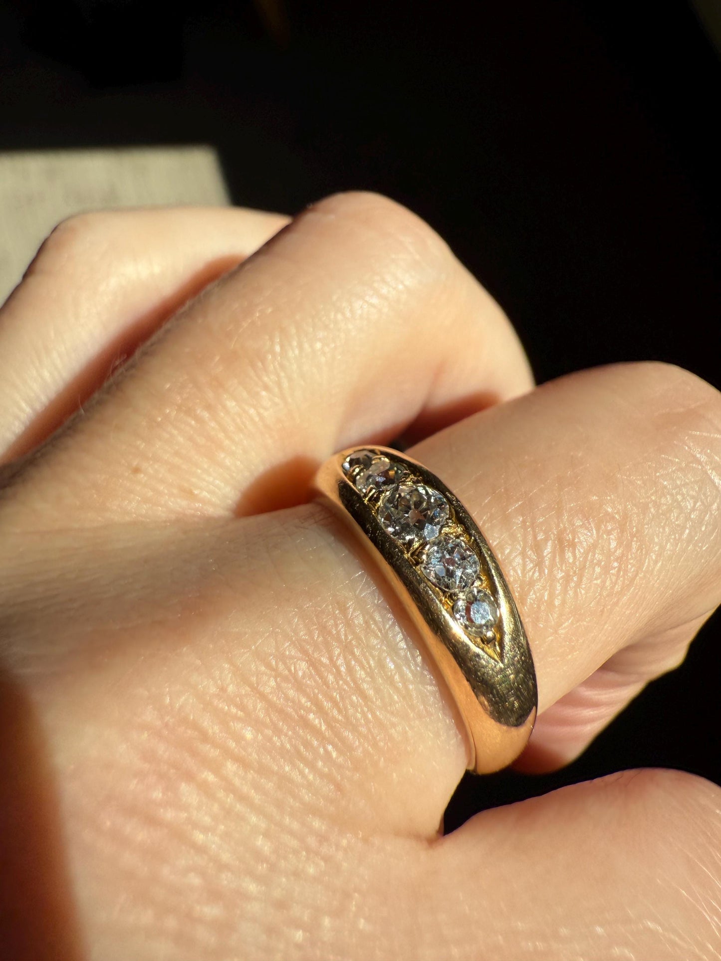 Antique Old Mine Cut DIAMOND Five Stone Wide Band 18k Gold Solid Ring Victorian Stacker Chunky Domed Wedding Romantic Gift OmC