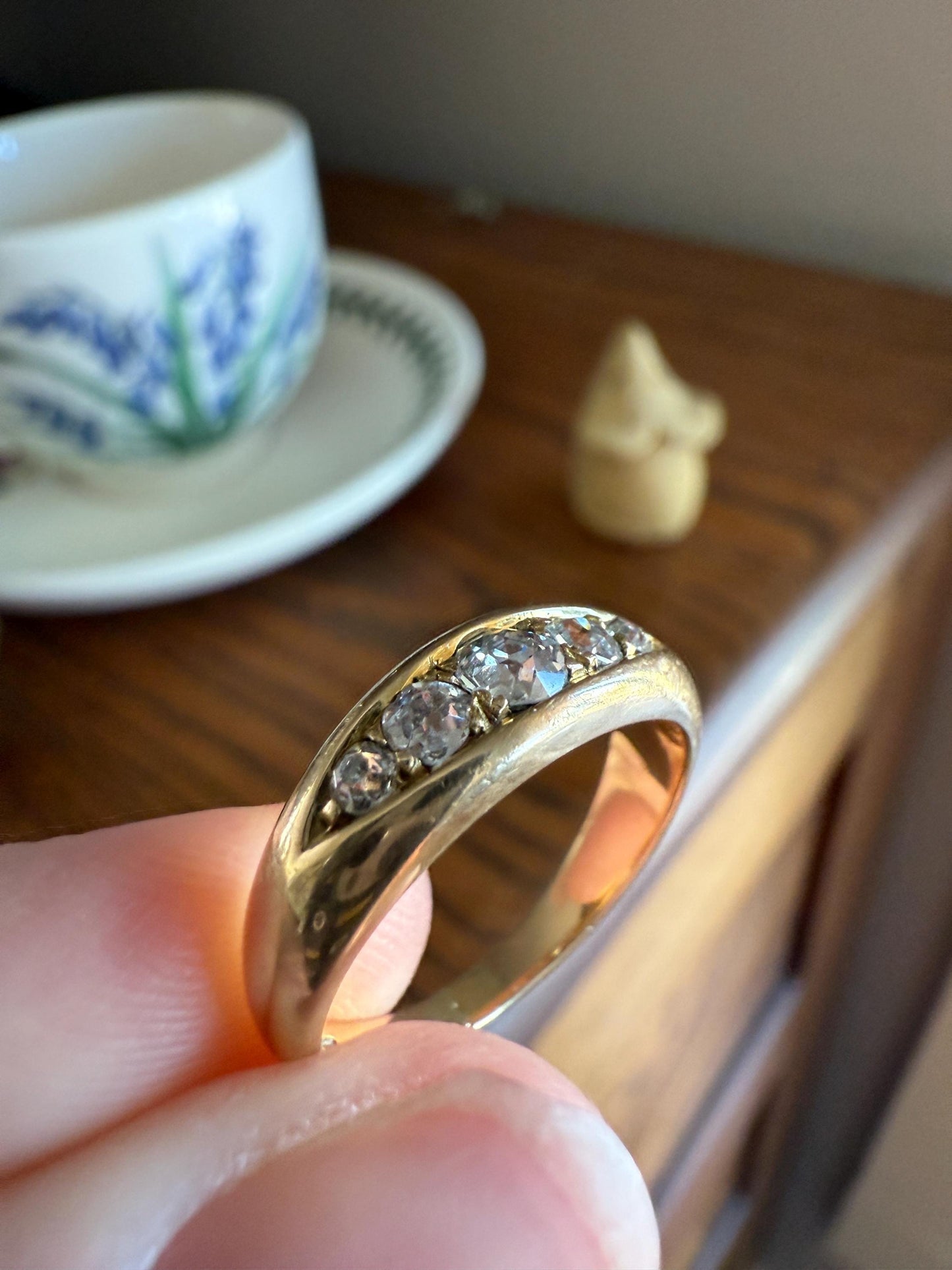 Antique Old Mine Cut DIAMOND Five Stone Wide Band 18k Gold Solid Ring Victorian Stacker Chunky Domed Wedding Romantic Gift OmC