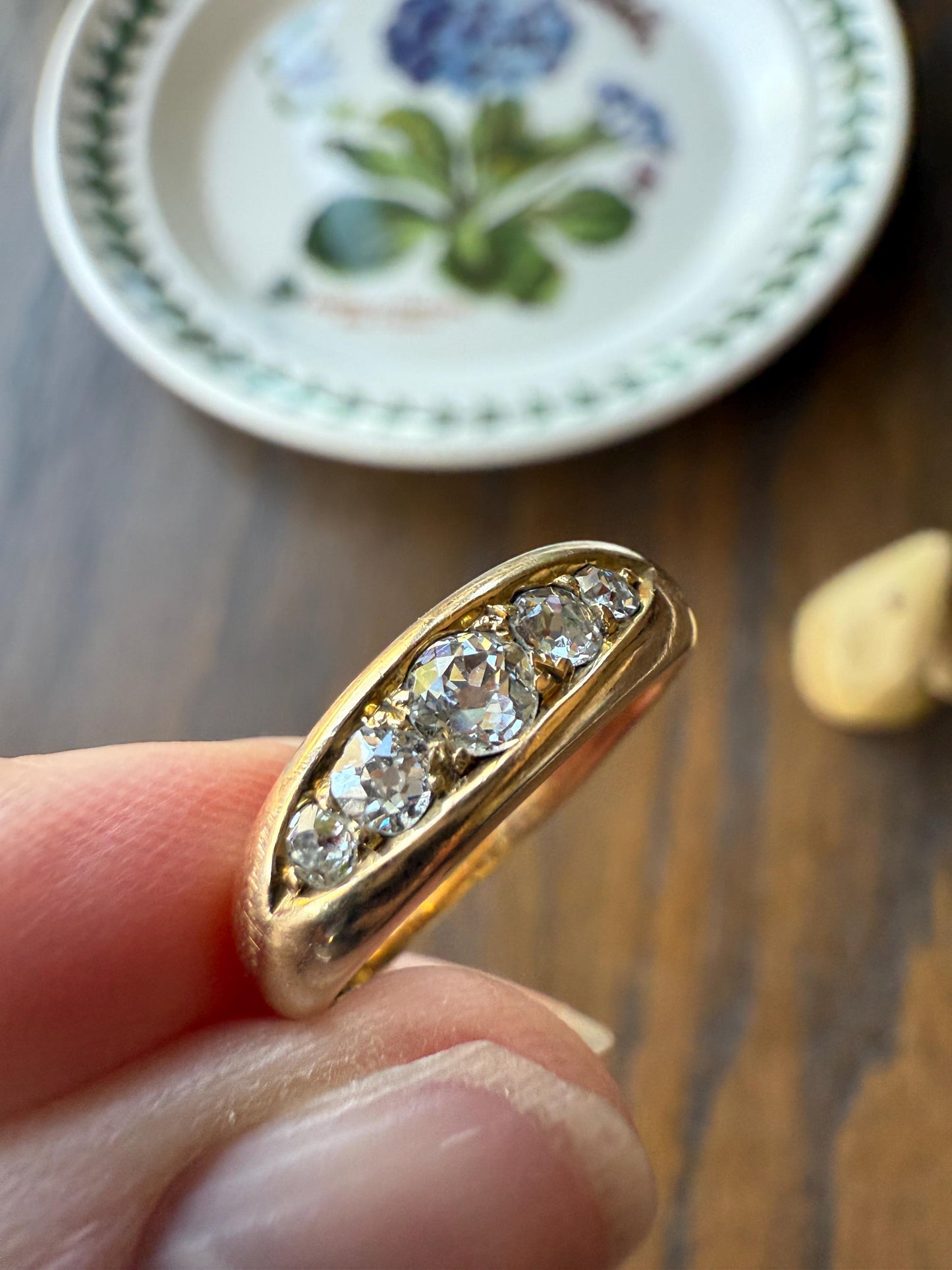 Antique Old Mine Cut DIAMOND Five Stone Wide Band 18k Gold Solid Ring Victorian Stacker Chunky Domed Wedding Romantic Gift OmC