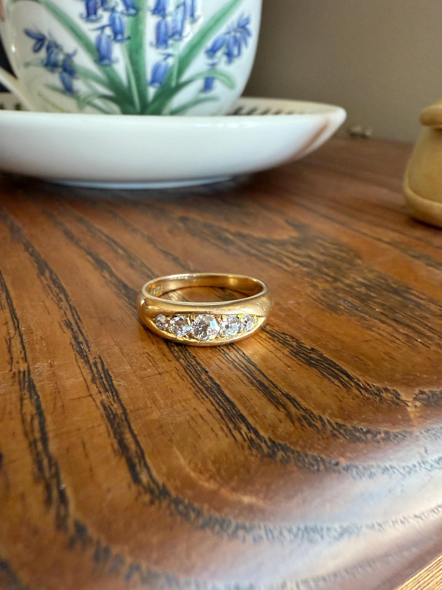 Antique Old Mine Cut DIAMOND Five Stone Wide Band 18k Gold Solid Ring Victorian Stacker Chunky Domed Wedding Romantic Gift OmC