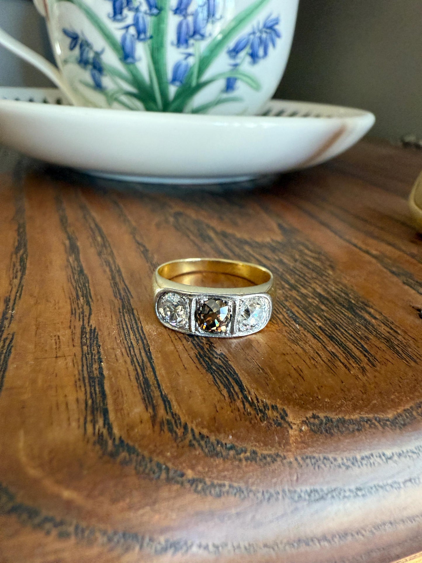 Chunky 1.65 Carat Antique Three Stone Old Mine Cut Diamond Chocolate Cognac Wide Band 18k Gold French Ring Belle Epoque Stacker Unisex Gift