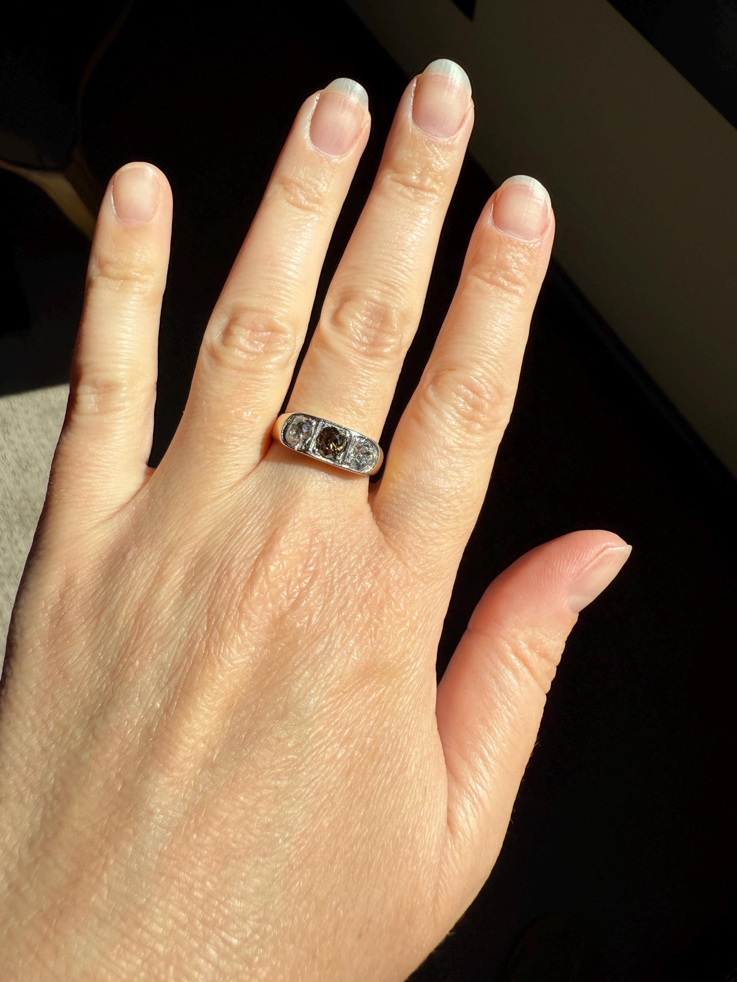 Chunky 1.65 Carat Antique Three Stone Old Mine Cut Diamond Chocolate Cognac Wide Band 18k Gold French Ring Belle Epoque Stacker Unisex Gift