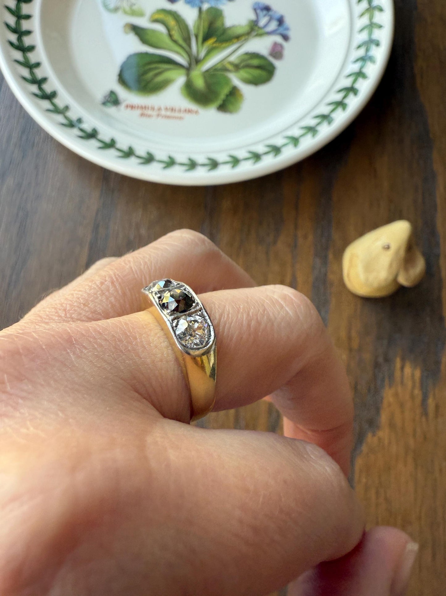 Chunky 1.65 Carat Antique Three Stone Old Mine Cut Diamond Chocolate Cognac Wide Band 18k Gold French Ring Belle Epoque Stacker Unisex Gift