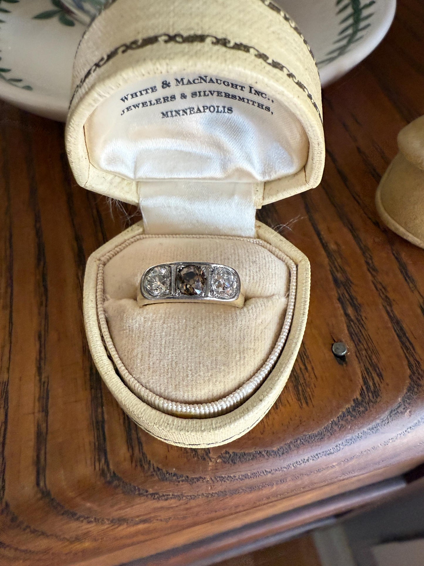 Chunky 1.65 Carat Antique Three Stone Old Mine Cut Diamond Chocolate Cognac Wide Band 18k Gold French Ring Belle Epoque Stacker Unisex Gift