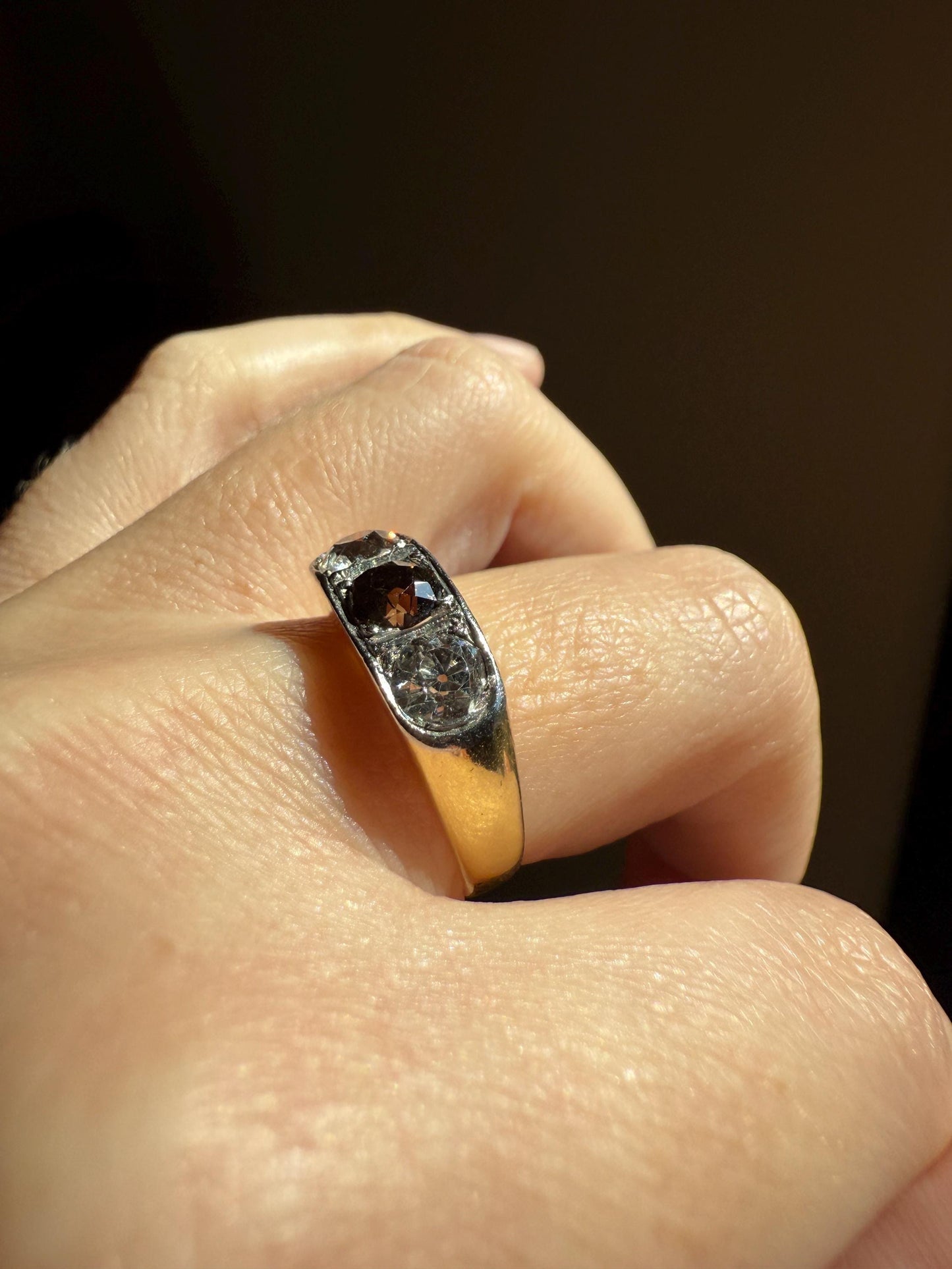 Chunky 1.65 Carat Antique Three Stone Old Mine Cut Diamond Chocolate Cognac Wide Band 18k Gold French Ring Belle Epoque Stacker Unisex Gift