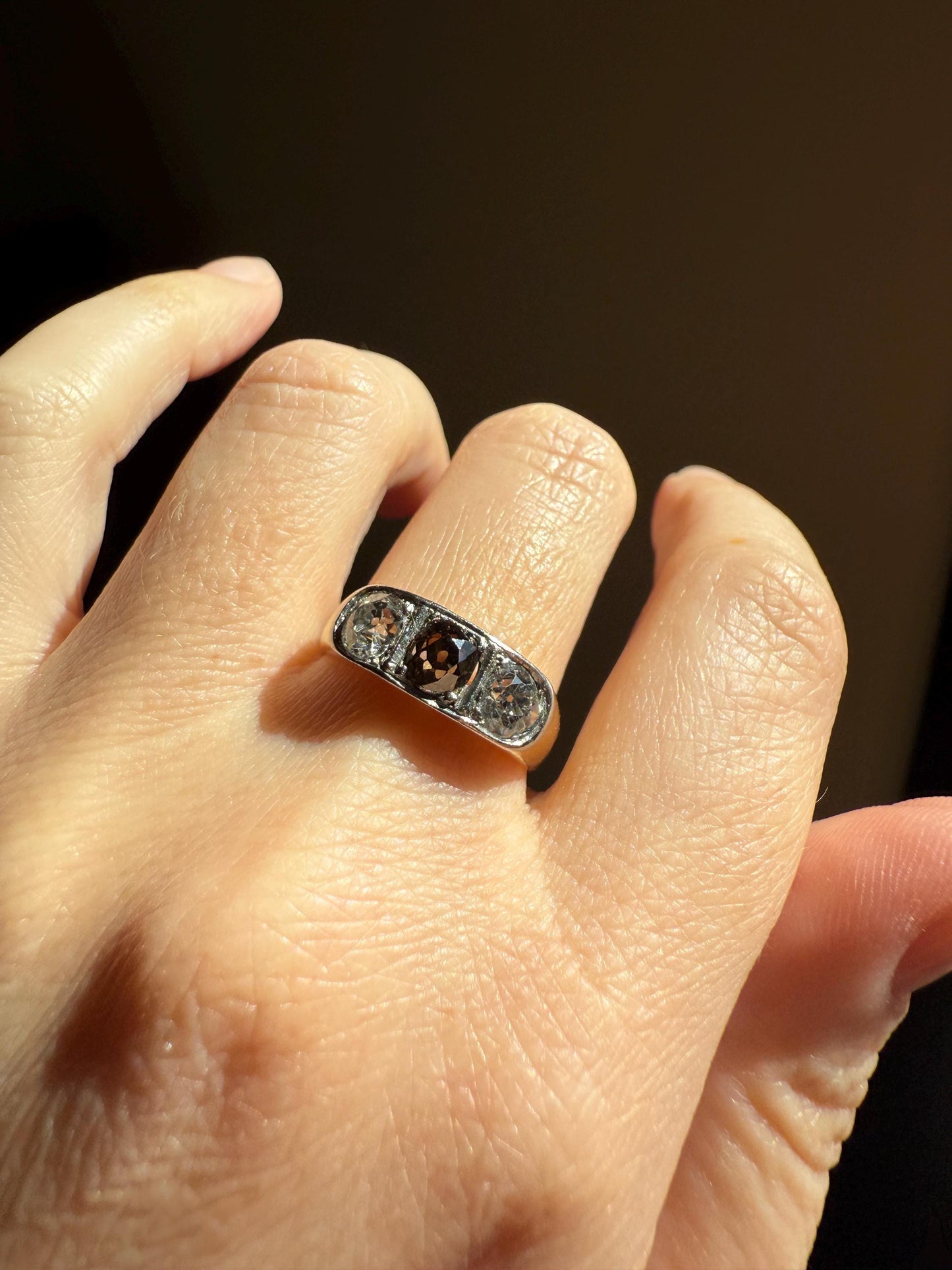 Chunky 1.65 Carat Antique Three Stone Old Mine Cut Diamond Chocolate Cognac Wide Band 18k Gold French Ring Belle Epoque Stacker Unisex Gift