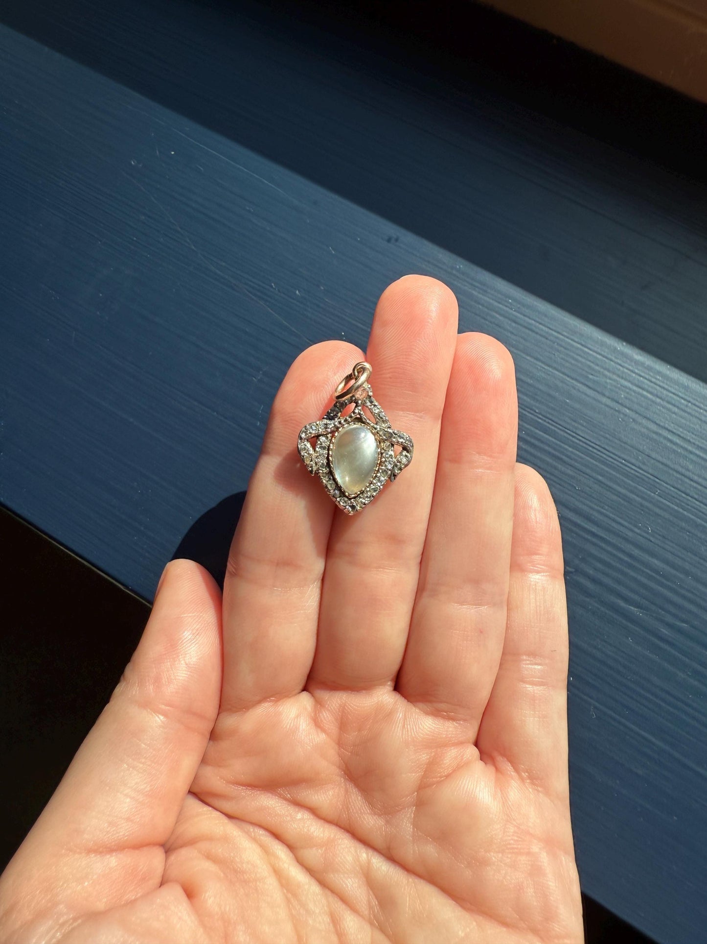 GEORGIAN Antique Bowed HEART Garland Halo Locket Back Pendant 10k Gold Silver Moonstone Rose Cut DIAMOND Magnifier Gift Figural Victorian