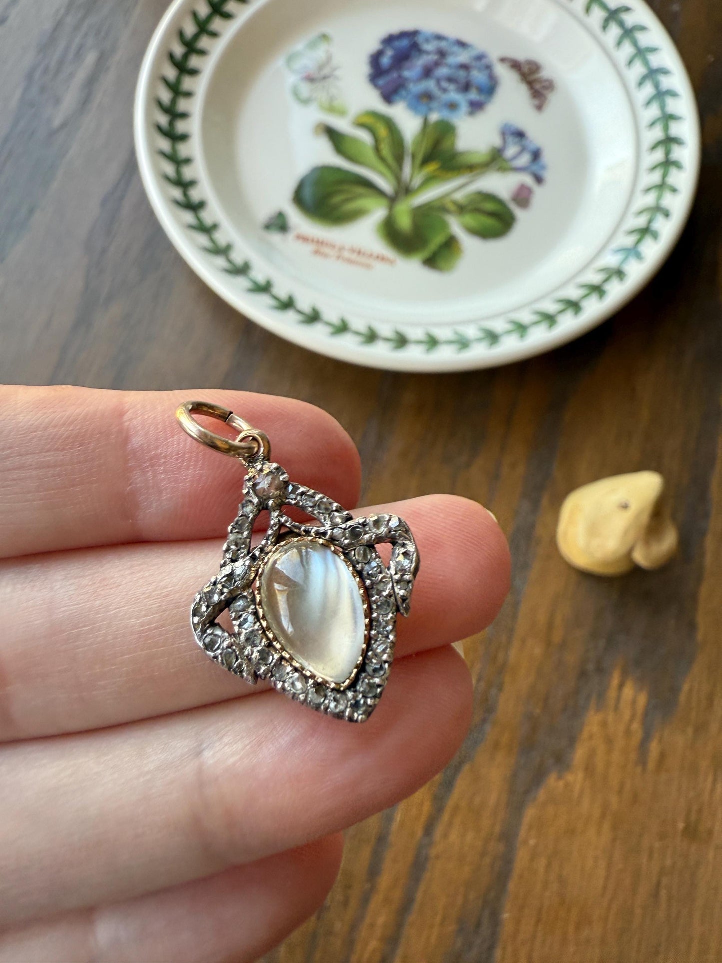 GEORGIAN Antique Bowed HEART Garland Halo Locket Back Pendant 10k Gold Silver Moonstone Rose Cut DIAMOND Magnifier Gift Figural Victorian