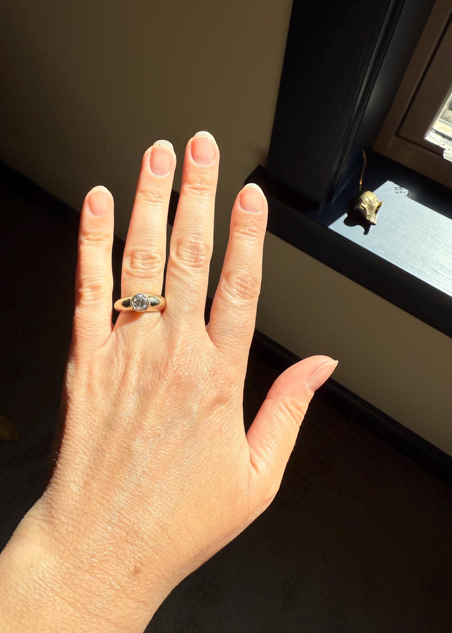 Vintage .73 Carat Transitional Cut DIAMOND Bezel Set Ring Stacker Band 18k Gold Pale Yellow Solitaire Geometric Engagement Romantic Gift