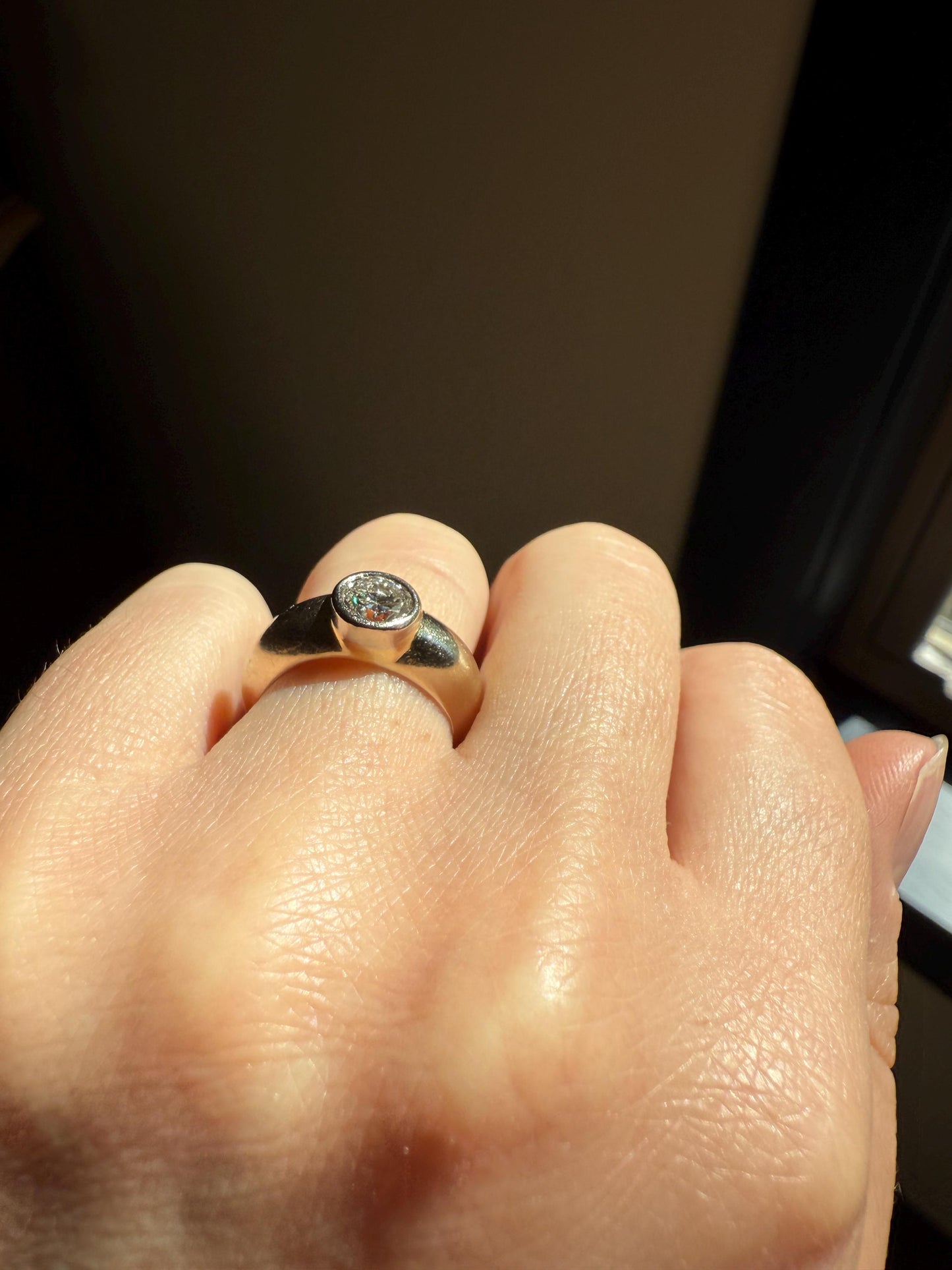 Vintage .73 Carat Transitional Cut DIAMOND Bezel Set Ring Stacker Band 18k Gold Pale Yellow Solitaire Geometric Engagement Romantic Gift