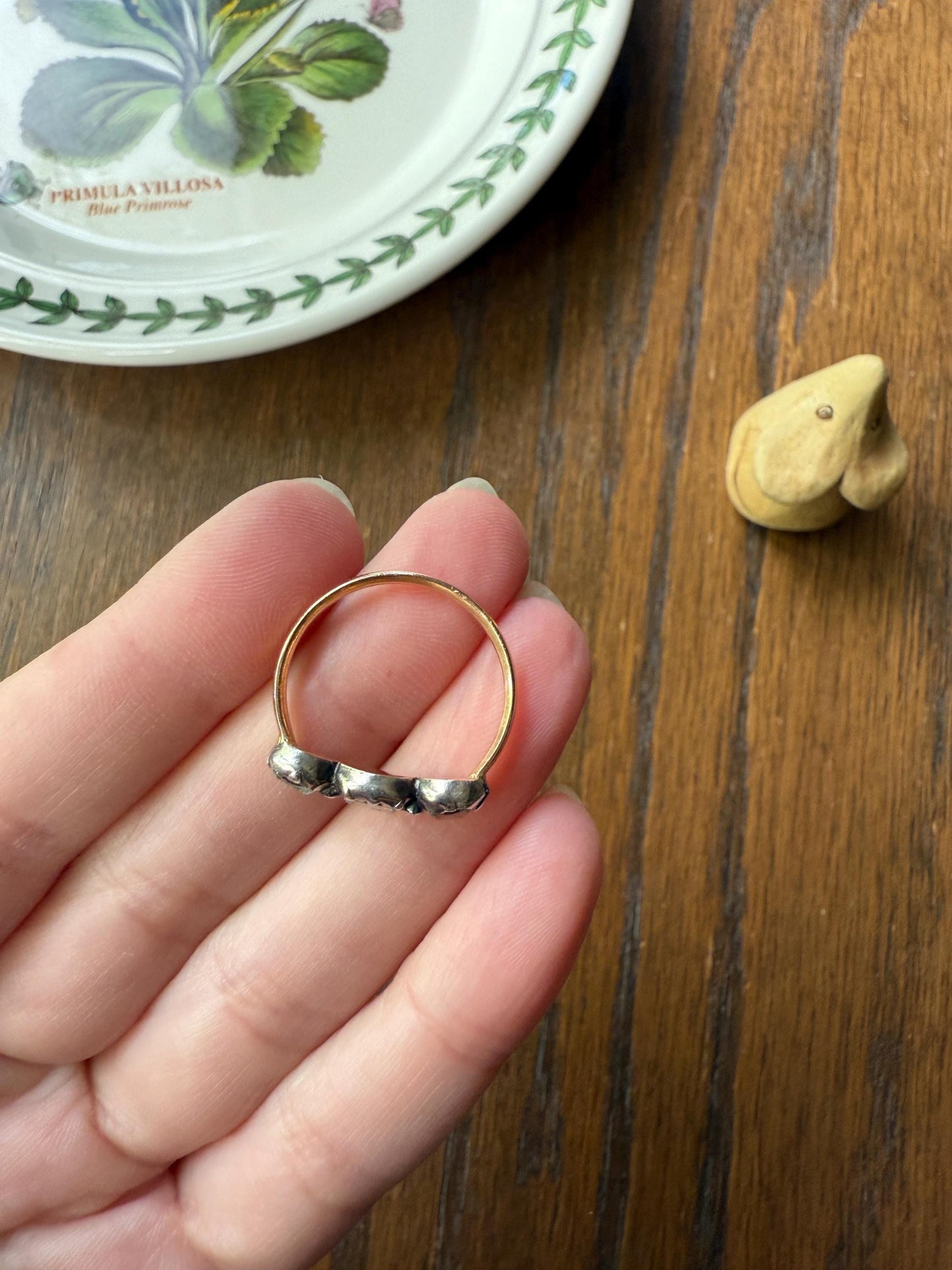 Table Cut DIAMOND Three Stone Stacker Band Antique 18k Gold Five Stone Ring Half Hoop Stacker Gift Foil Silver Collet Georgian Victorian