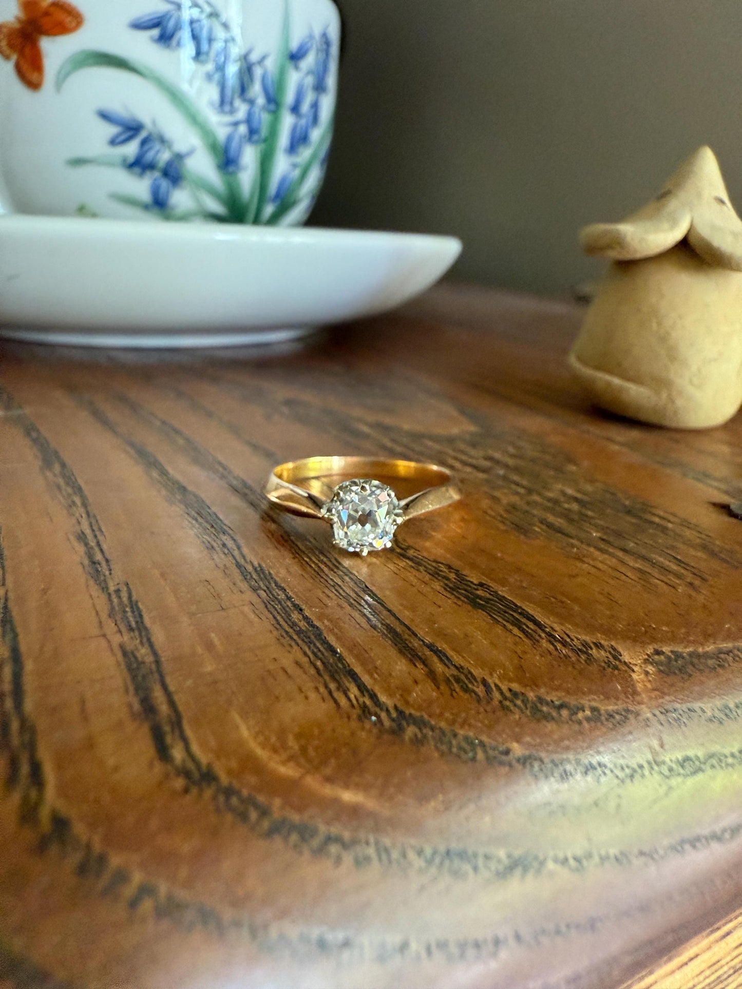 Antique Eye Clean .65 Carat Elongated Old Mine Cut DIAMOND French Solitaire Engagement Ring Stacker 18k Gold Wedding Prong Set OMC Gift