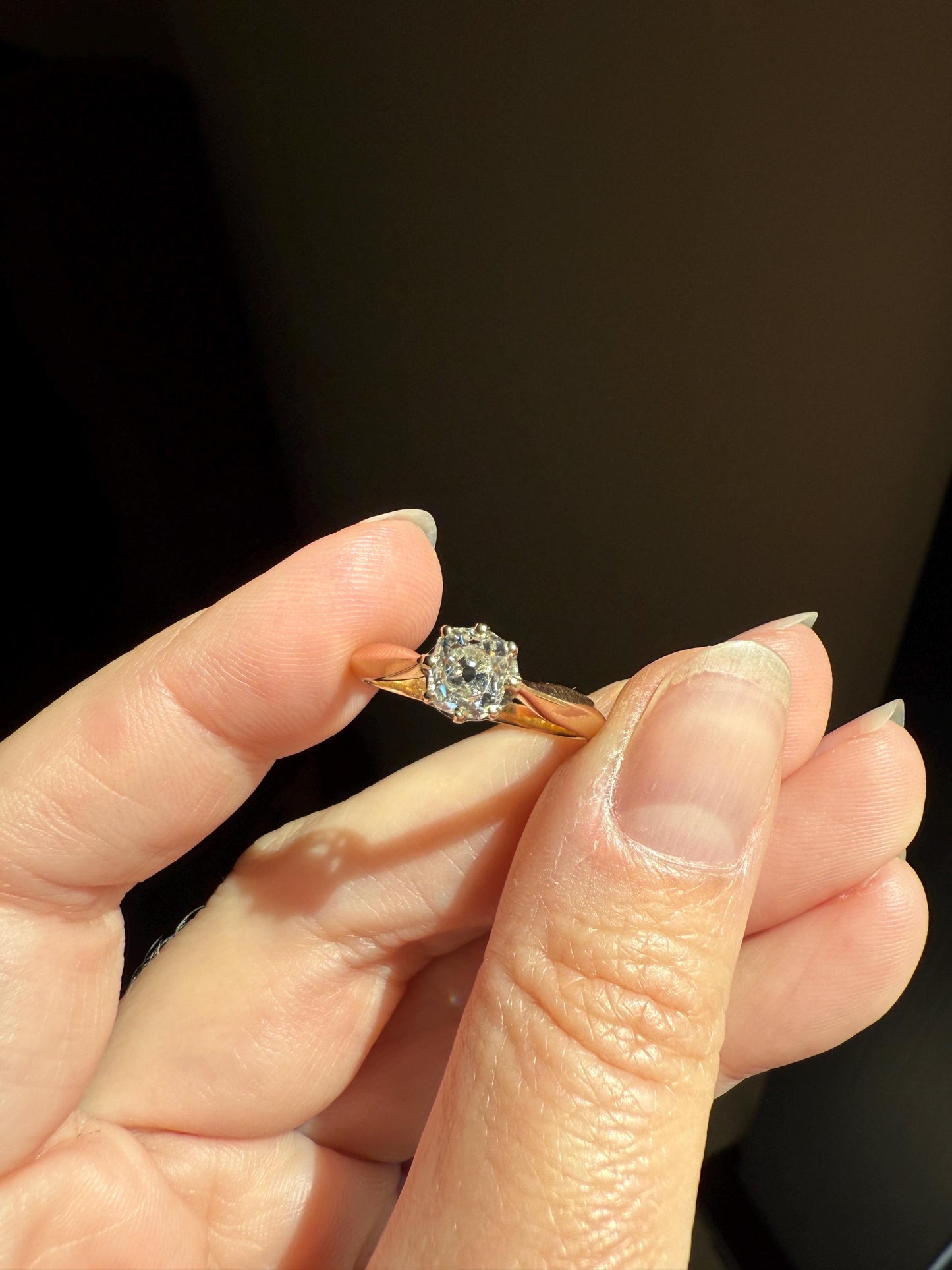 Antique Eye Clean .65 Carat Elongated Old Mine Cut DIAMOND French Solitaire Engagement Ring Stacker 18k Gold Wedding Prong Set OMC Gift