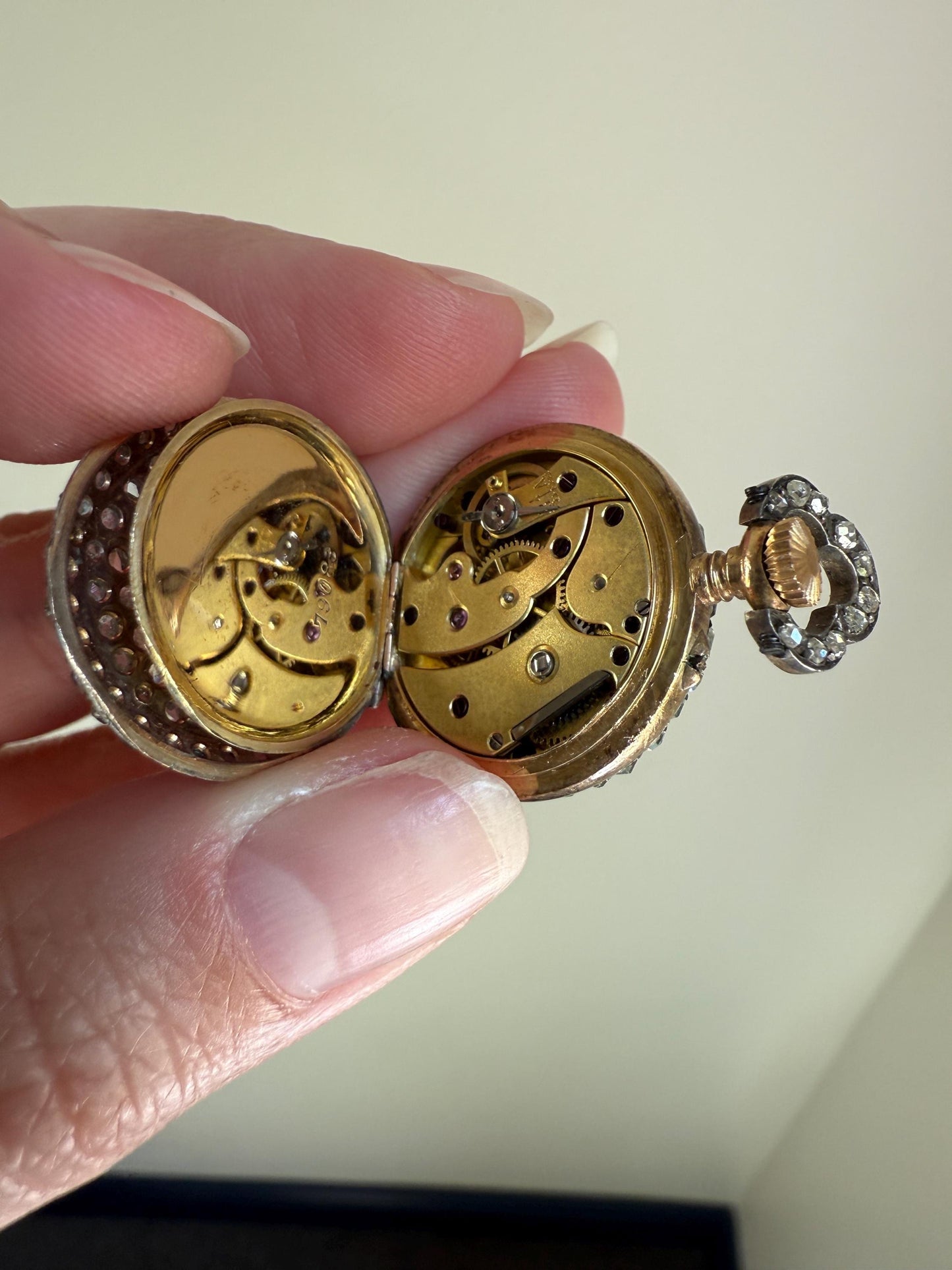 ENTIRELY DIAMOND Encrusted French VICTORIAN Era Chunky Rose Cut Diamond Antique 18k Gold Silver Pocket Watch Case Pendant Locket Rare Gift