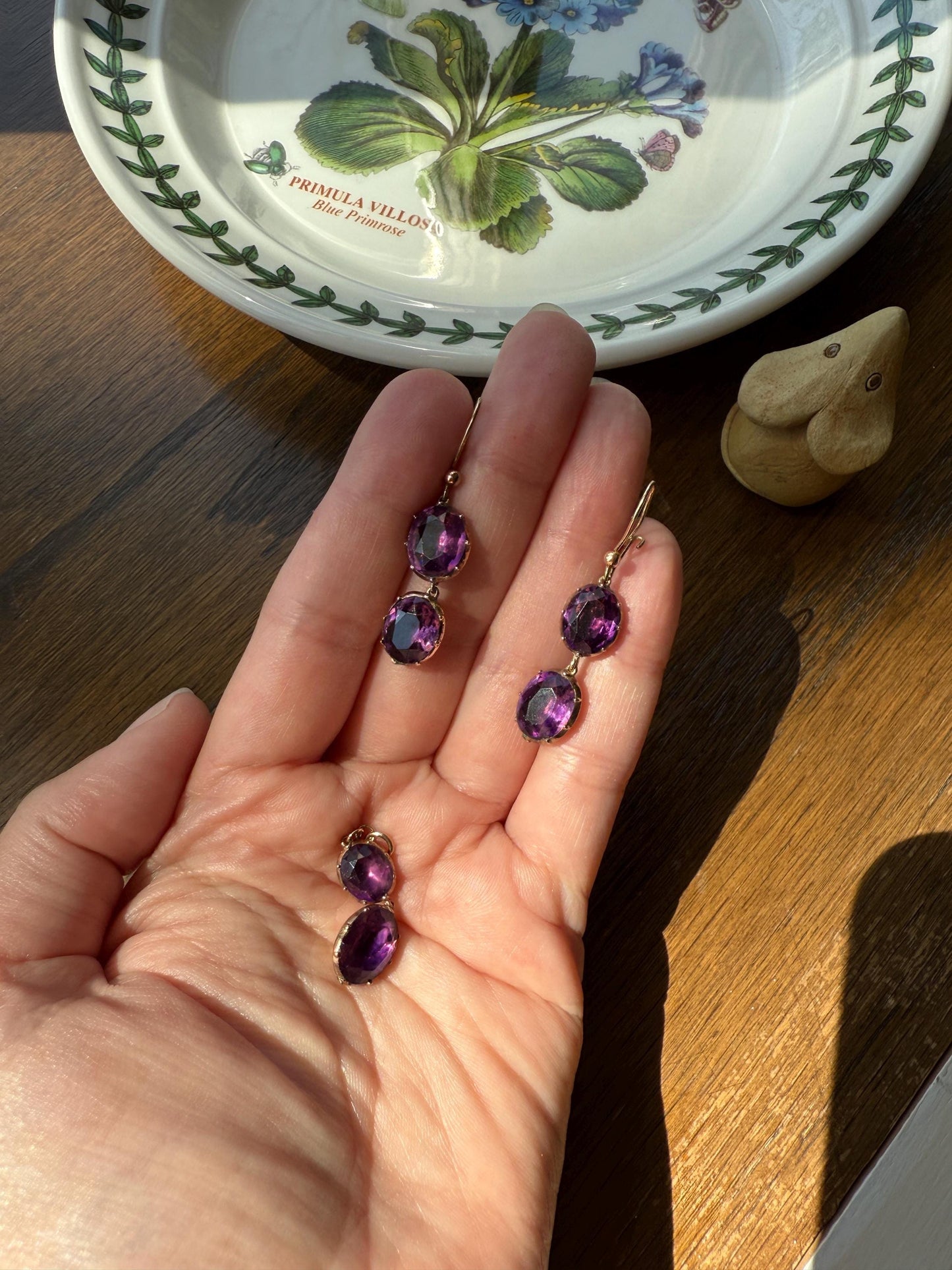 GEORGIAN Antique 10k GOLD Purple Paste Amethyst Dangle Pendant Domed Foil Backed Violet Bridal Wedding Something Old Two Stone Victorian