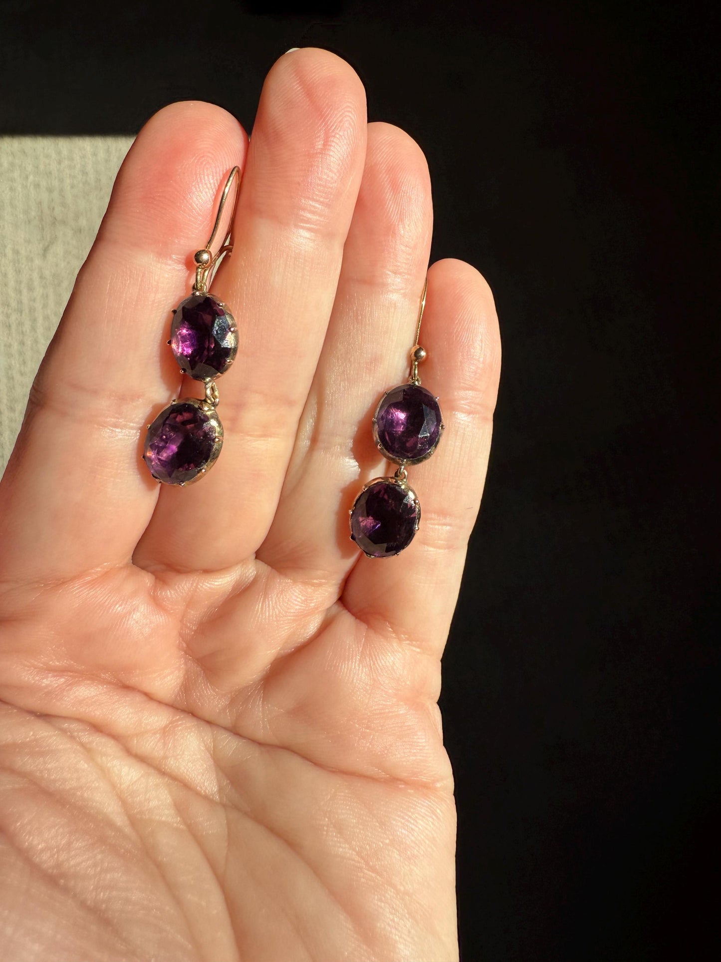 GEORGIAN Antique 10k GOLD Purple Paste Amethyst Dangle EARRINGS Domed Foil Backed Violet Bridal Wedding Something Old Two Stone Victorian