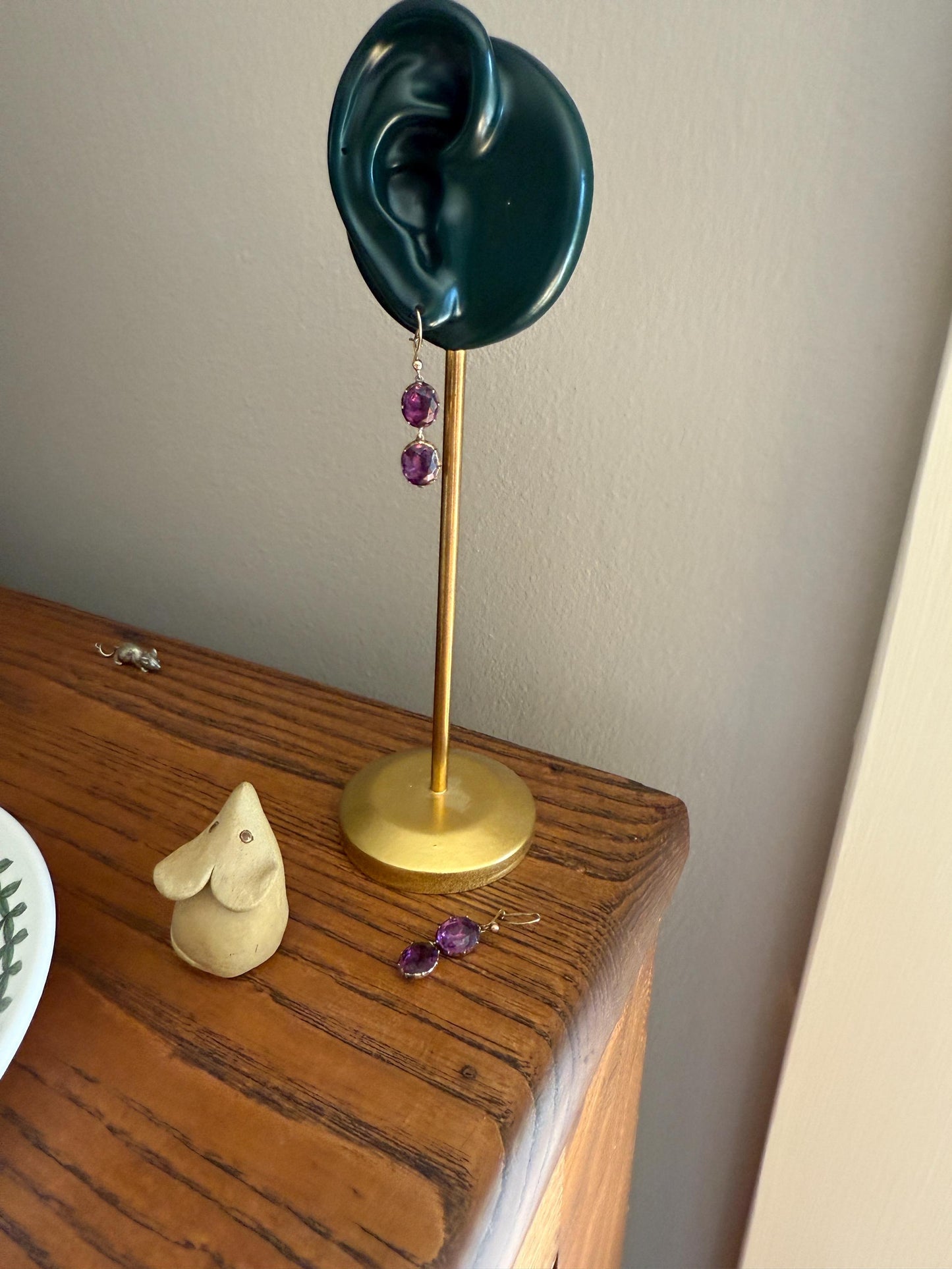 GEORGIAN Antique 10k GOLD Purple Paste Amethyst Dangle EARRINGS Domed Foil Backed Violet Bridal Wedding Something Old Two Stone Victorian