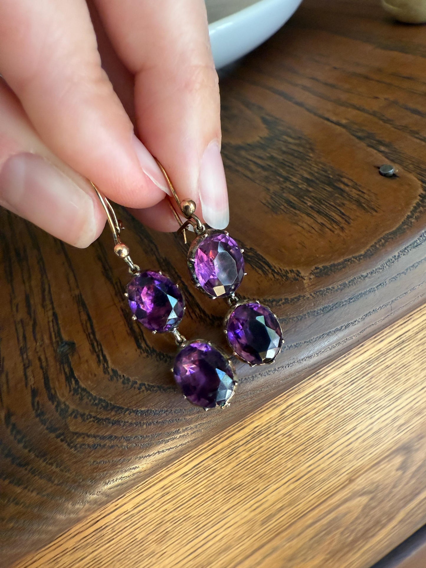 GEORGIAN Antique 10k GOLD Purple Paste Amethyst Dangle EARRINGS Domed Foil Backed Violet Bridal Wedding Something Old Two Stone Victorian