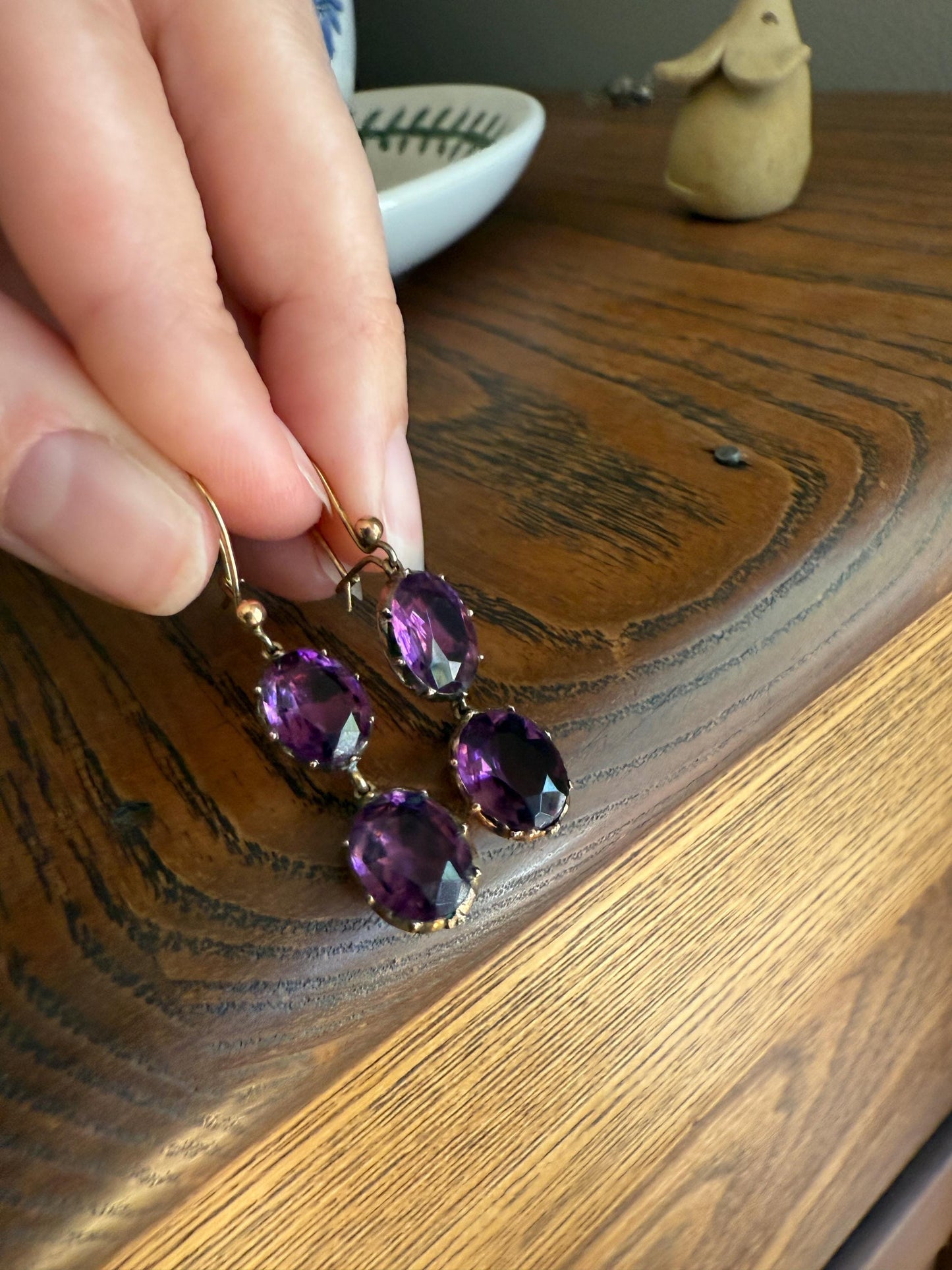 GEORGIAN Antique 10k GOLD Purple Paste Amethyst Dangle EARRINGS Domed Foil Backed Violet Bridal Wedding Something Old Two Stone Victorian