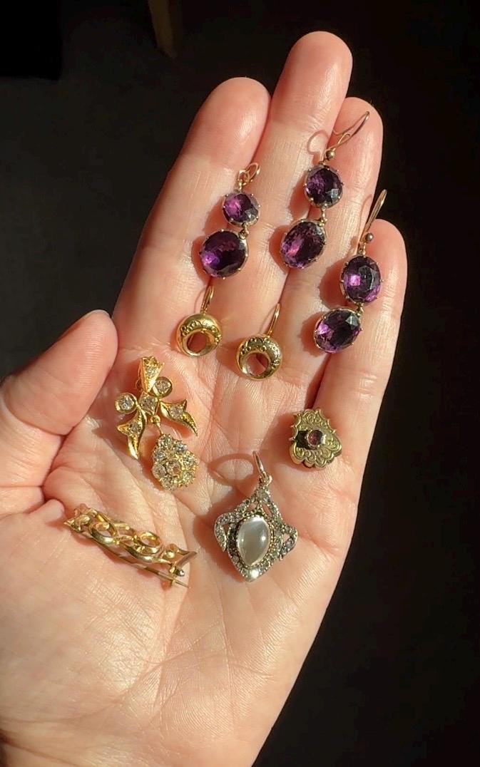 GEORGIAN Antique 10k GOLD Purple Paste Amethyst Dangle Pendant Domed Foil Backed Violet Bridal Wedding Something Old Two Stone Victorian