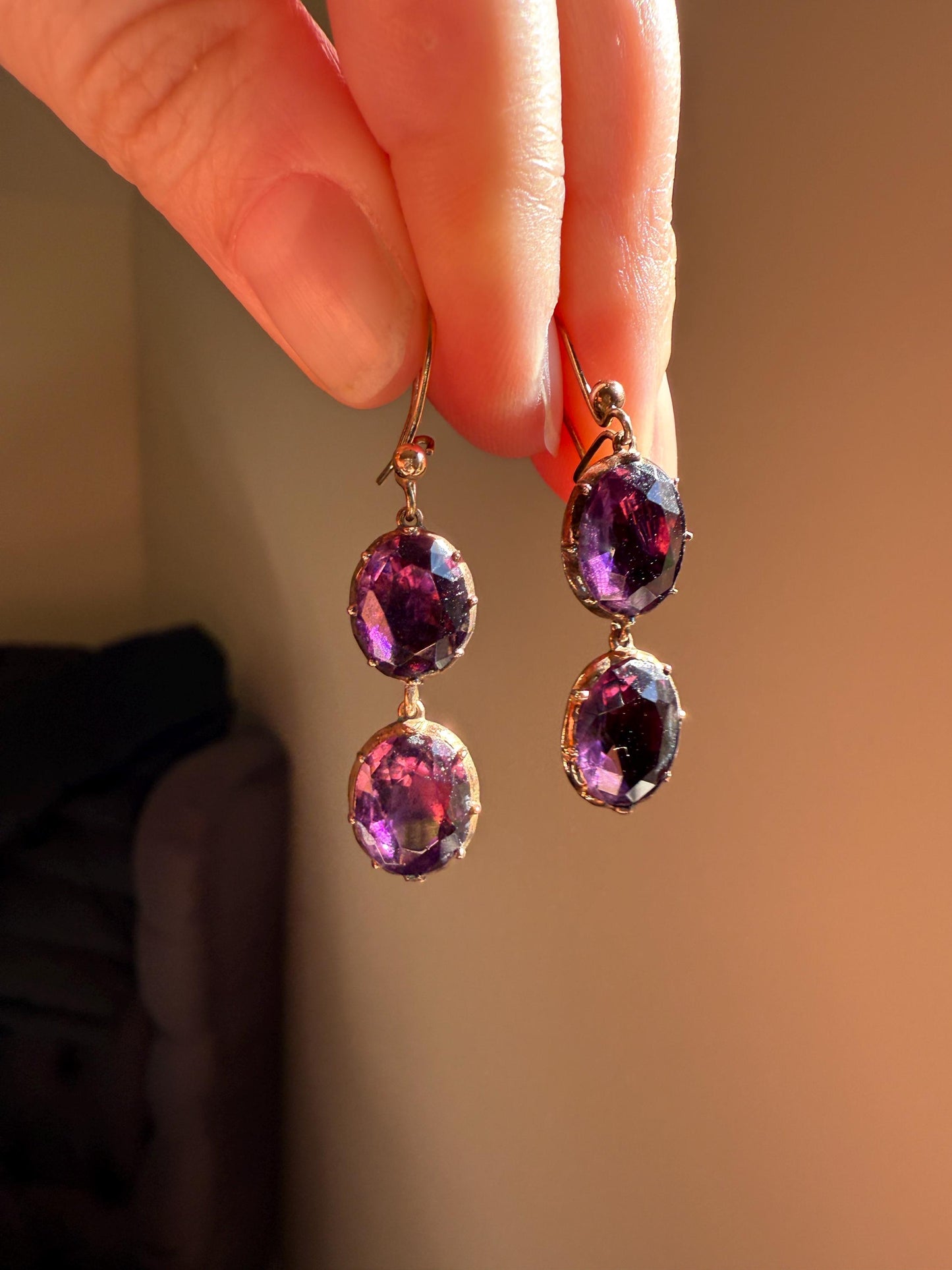 GEORGIAN Antique 10k GOLD Purple Paste Amethyst Dangle EARRINGS Domed Foil Backed Violet Bridal Wedding Something Old Two Stone Victorian