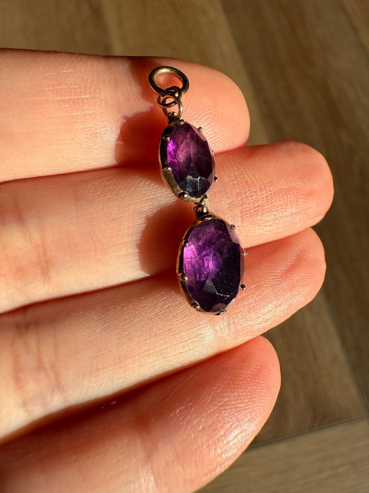 GEORGIAN Antique 10k GOLD Purple Paste Amethyst Dangle Pendant Domed Foil Backed Violet Bridal Wedding Something Old Two Stone Victorian