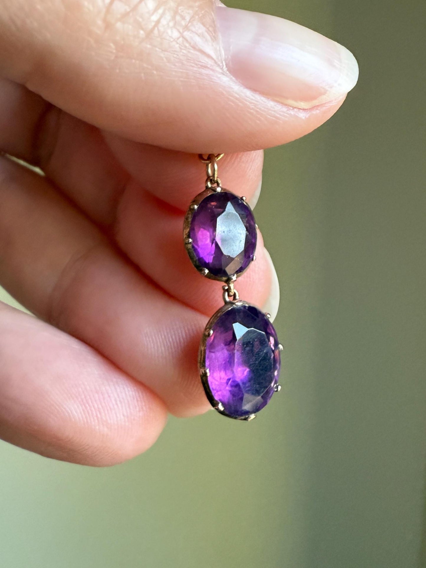 GEORGIAN Antique 10k GOLD Purple Paste Amethyst Dangle Pendant Domed Foil Backed Violet Bridal Wedding Something Old Two Stone Victorian
