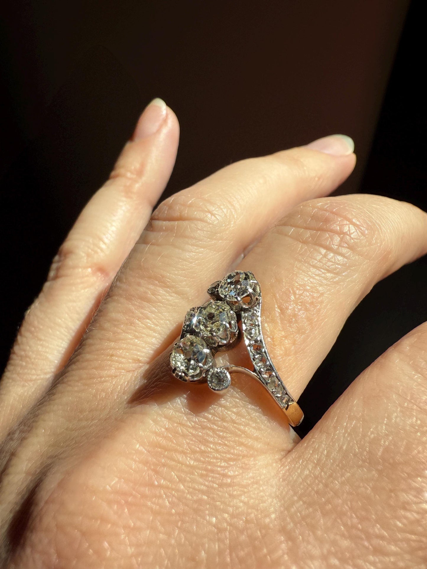 Antique 1.25 Carat Old Mine Cut DIAMOND Three Stone w/ Rose Cut French Ornate Belle Epoque Stacker 18k Gold Platinum Romantic Gift Victorian