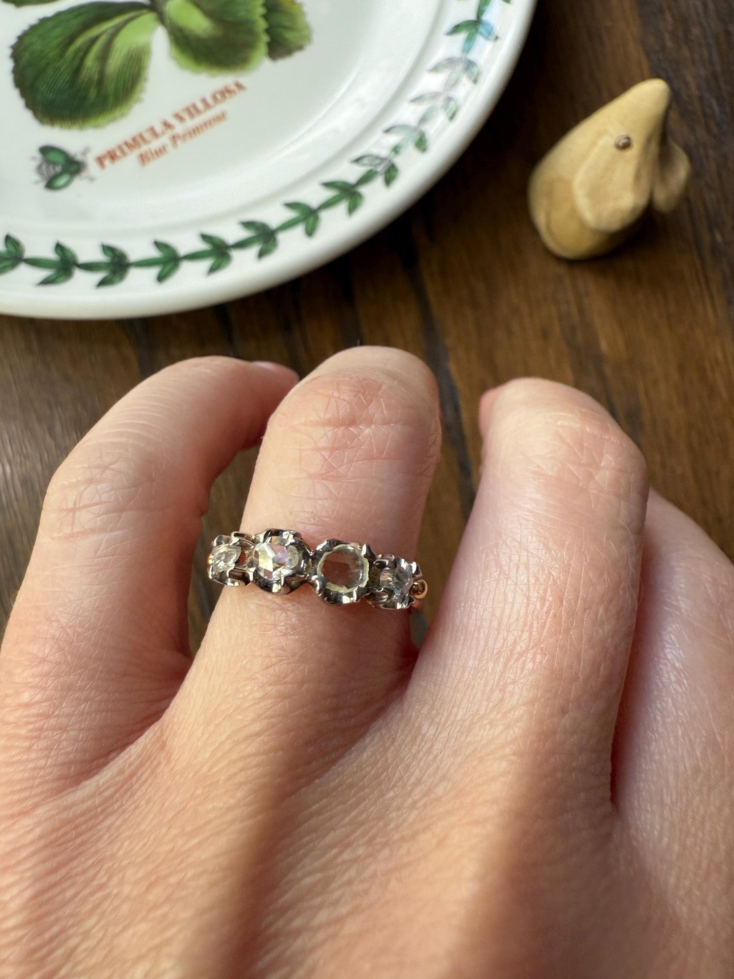 Unique Four Stone Rose Cut Diamond Antique Victorian Stacker Ring 18k Gold Skinny Band Half Hoop Ball Rivet Open Back Sparkle