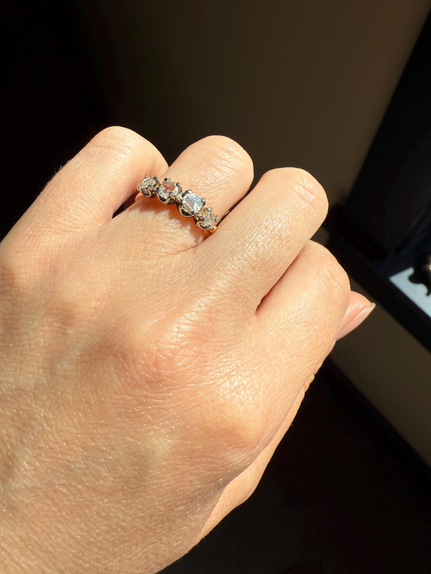 Unique Four Stone Rose Cut Diamond Antique Victorian Stacker Ring 18k Gold Skinny Band Half Hoop Ball Rivet Open Back Sparkle