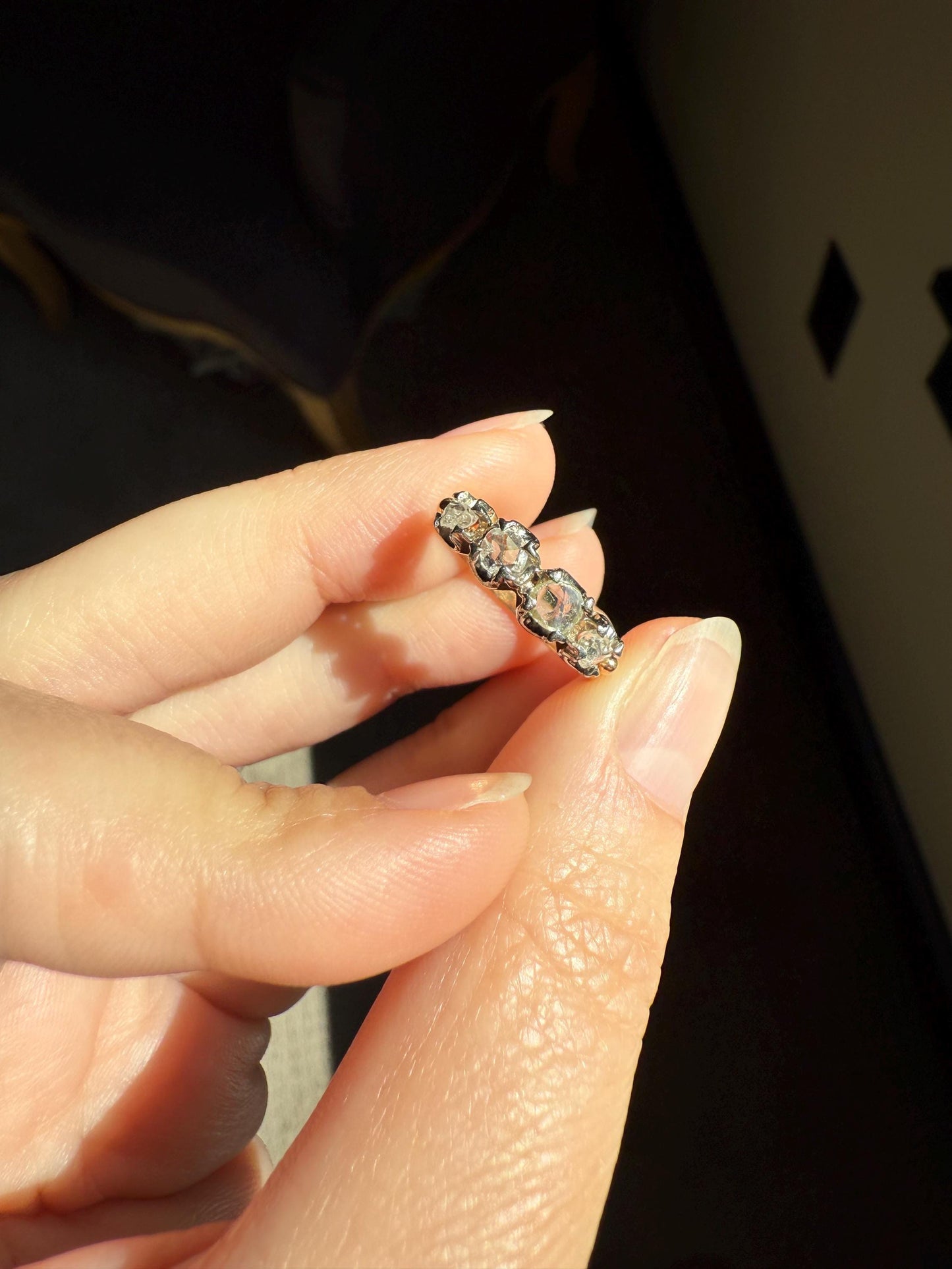 Unique Four Stone Rose Cut Diamond Antique Victorian Stacker Ring 18k Gold Skinny Band Half Hoop Ball Rivet Open Back Sparkle