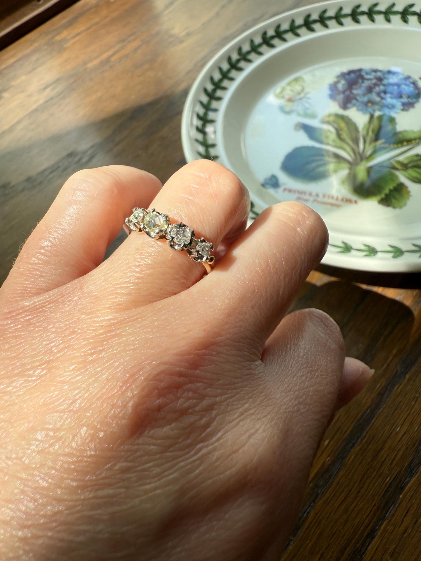 Unique Four Stone Rose Cut Diamond Antique Victorian Stacker Ring 18k Gold Skinny Band Half Hoop Ball Rivet Open Back Sparkle