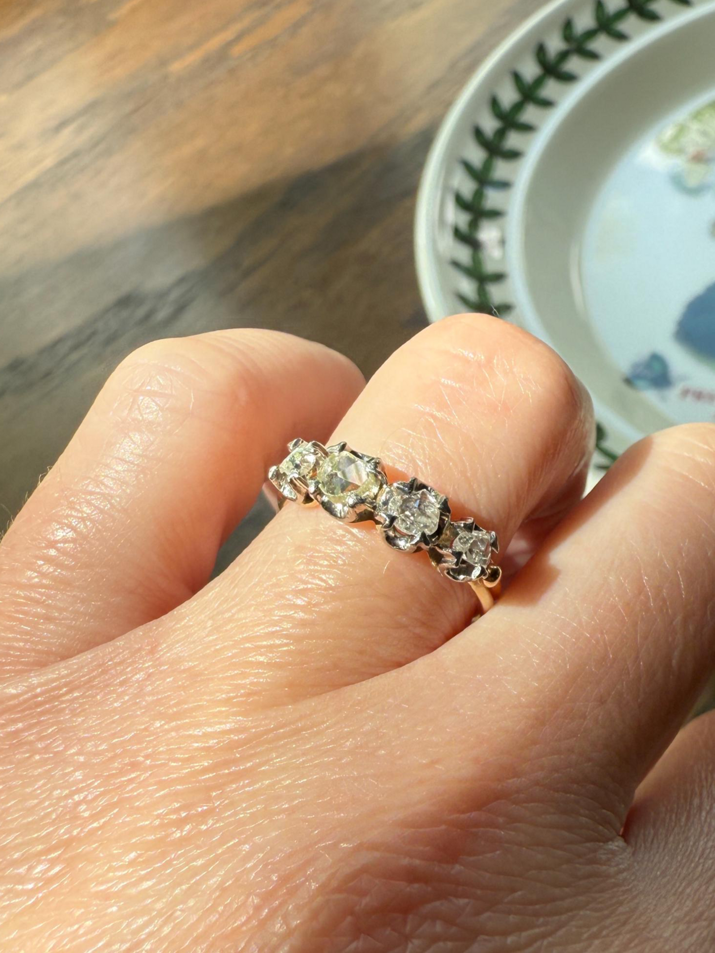Unique Four Stone Rose Cut Diamond Antique Victorian Stacker Ring 18k Gold Skinny Band Half Hoop Ball Rivet