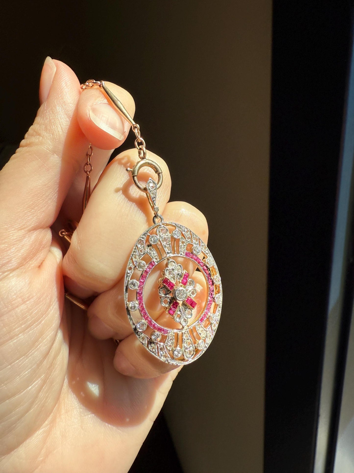 XL French Edwardian Ruby 1.75 Carat Old Mine Rose Cut DIAMOND Oval Pendant Open Work Medallion Pink Carre Cut Halo Ornate Sparkle 1 3/4 OMC