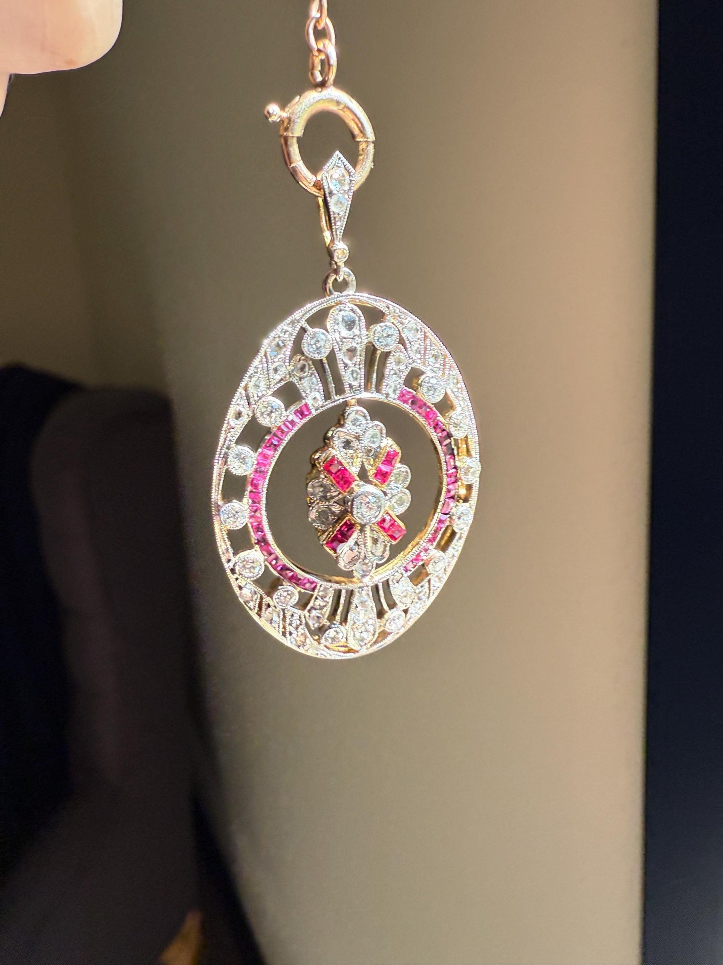 XL French Edwardian Ruby 1.75 Carat Old Mine Rose Cut DIAMOND Oval Pendant Open Work Medallion Pink Carre Cut Halo Ornate Sparkle 1 3/4 OMC