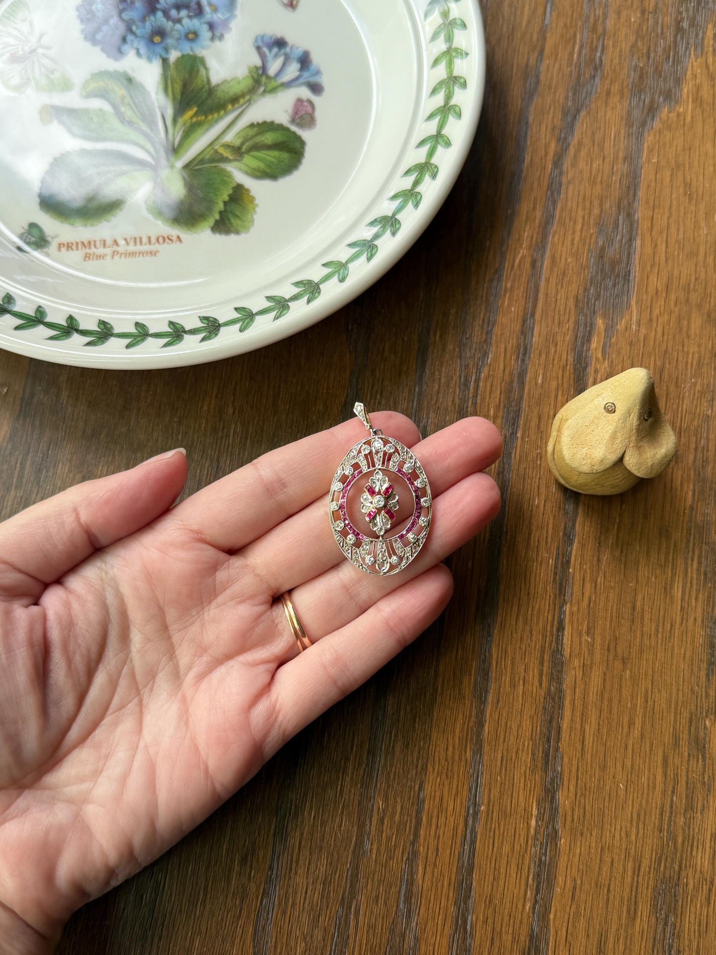 XL French Edwardian Ruby 1.75 Carat Old Mine Rose Cut DIAMOND Oval Pendant Open Work Medallion Pink Carre Cut Halo Ornate Sparkle 1 3/4 OMC