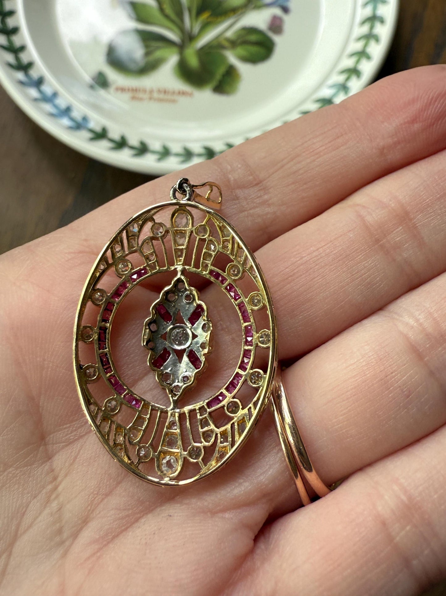 XL French Edwardian Ruby 1.75 Carat Old Mine Rose Cut DIAMOND Oval Pendant Open Work Medallion Pink Carre Cut Halo Ornate Sparkle 1 3/4 OMC
