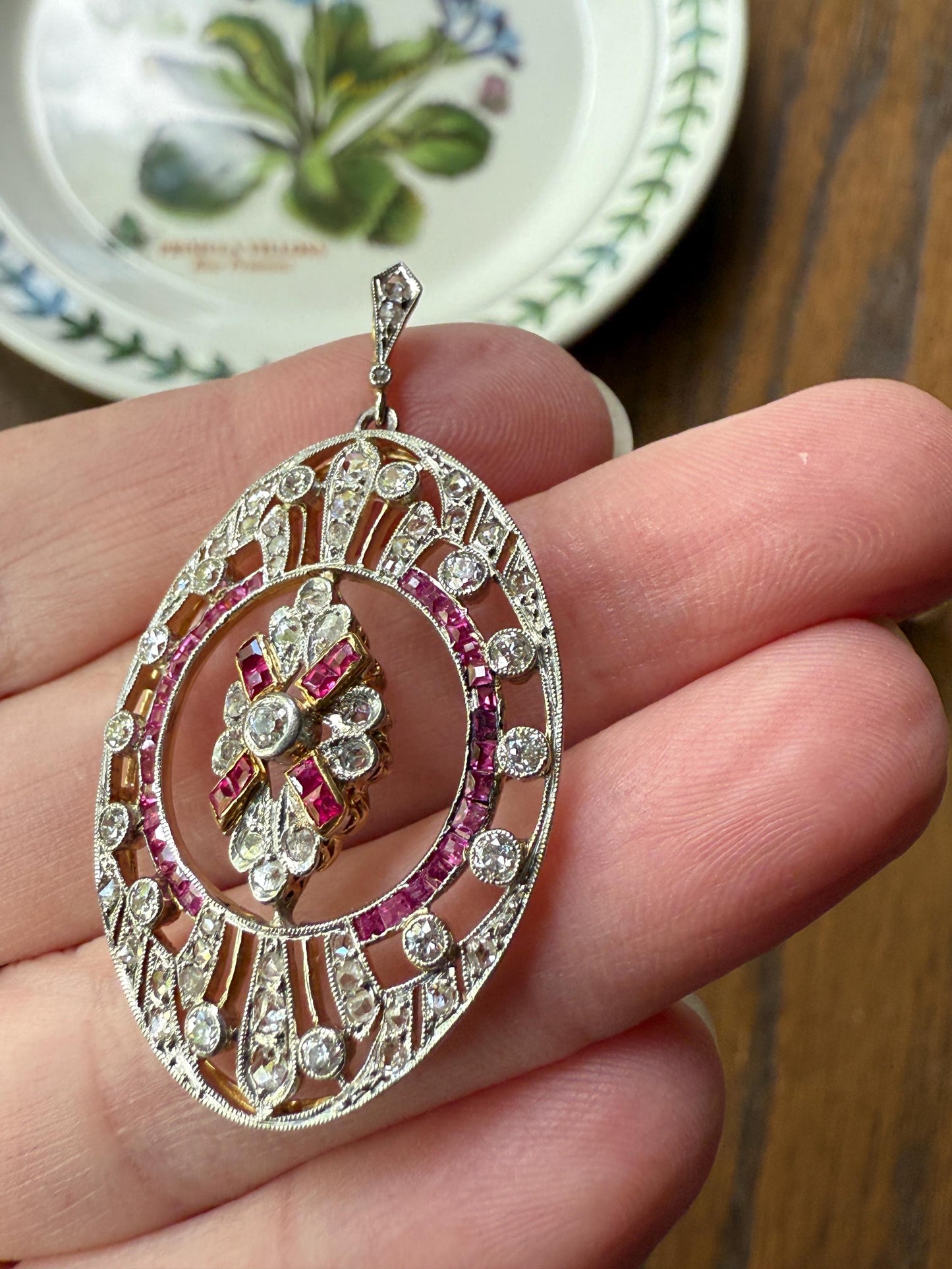 XL French Edwardian Ruby 1.75 Carat Old Mine Rose Cut DIAMOND Oval Pendant Open Work Medallion Pink Carre Cut Halo Ornate Sparkle 1 3/4 OMC