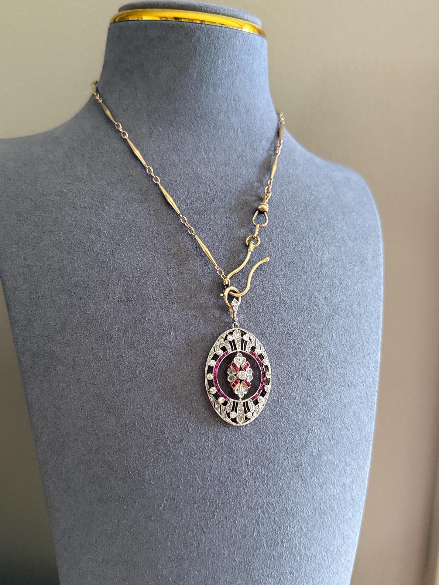 XL French Edwardian Ruby 1.75 Carat Old Mine Rose Cut DIAMOND Oval Pendant Open Work Medallion Pink Carre Cut Halo Ornate Sparkle 1 3/4 OMC
