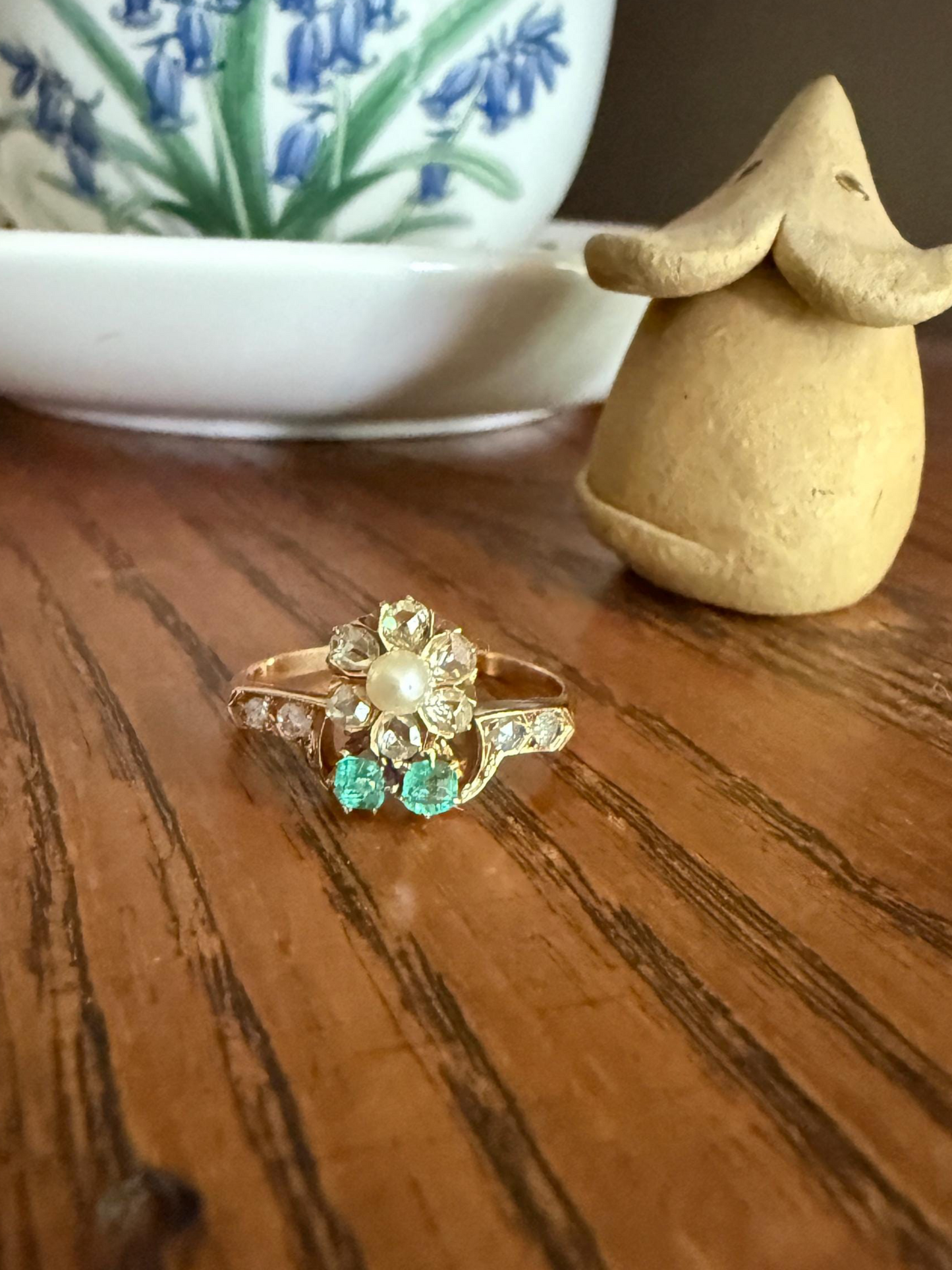 FLORAL Unique Emerald Rose Cut DIAMOND Pearl Figural Ring French Antique 18k Gold Victorian Stacker Green Sparkle Halo Flower Belle Epoque