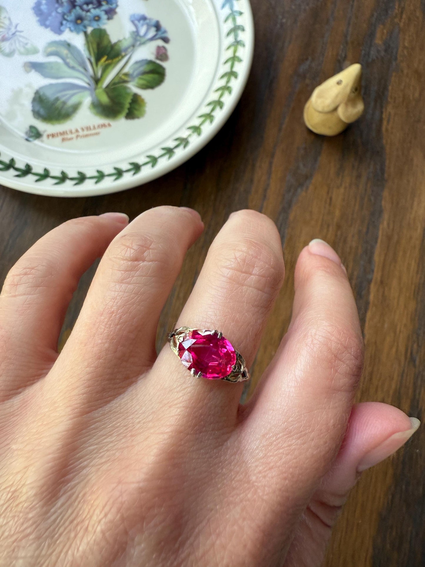 Antique Edwardian Art Deco East West Pink RUBY 18k Gold Fuchsia Oval Belle Epoque Stacker Colorful Geometric Romantic Gift Vibrant Color