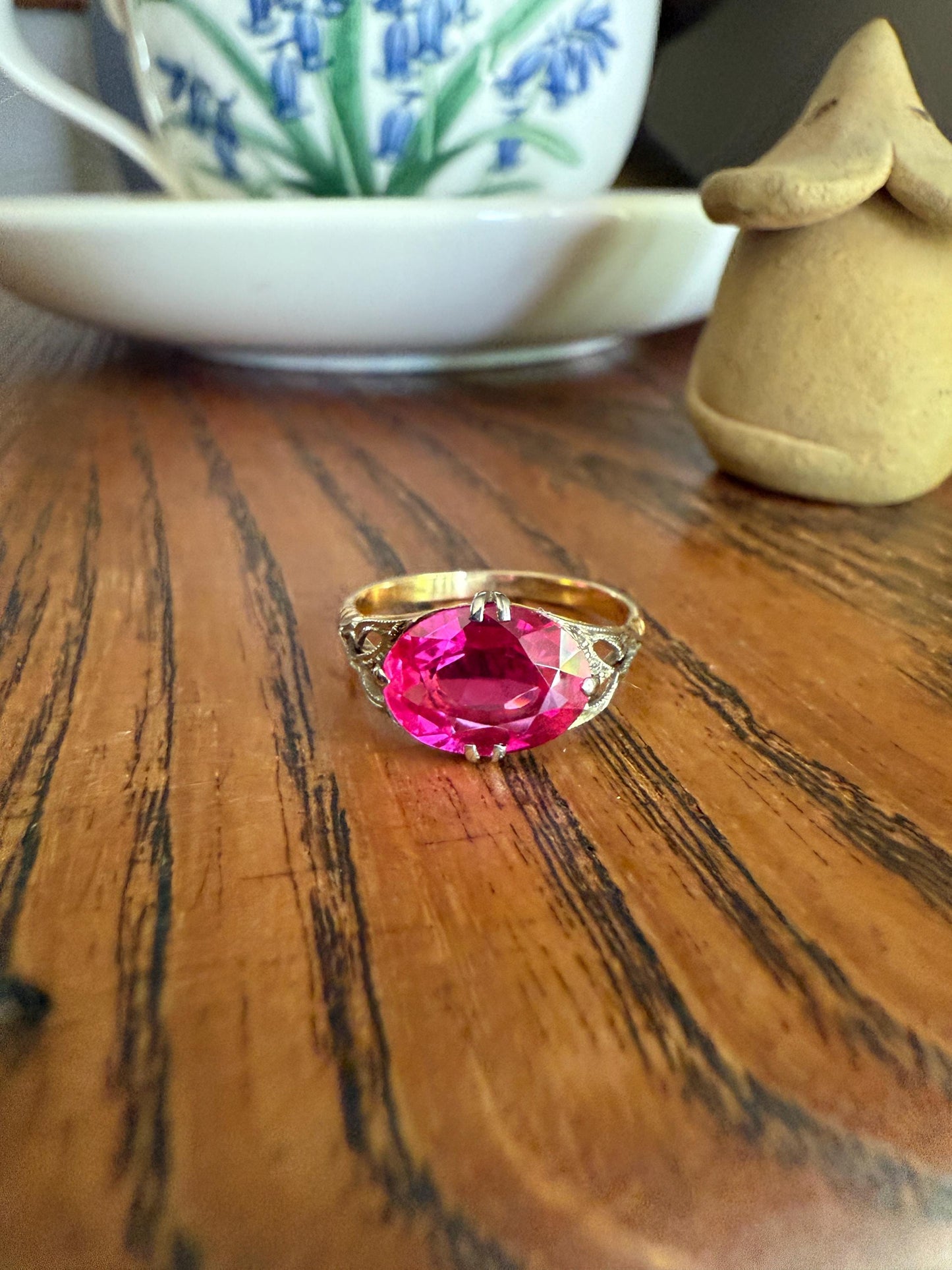 Antique Edwardian Art Deco East West Pink RUBY 18k Gold Fuchsia Oval Belle Epoque Stacker Colorful Geometric Romantic Gift Vibrant Color