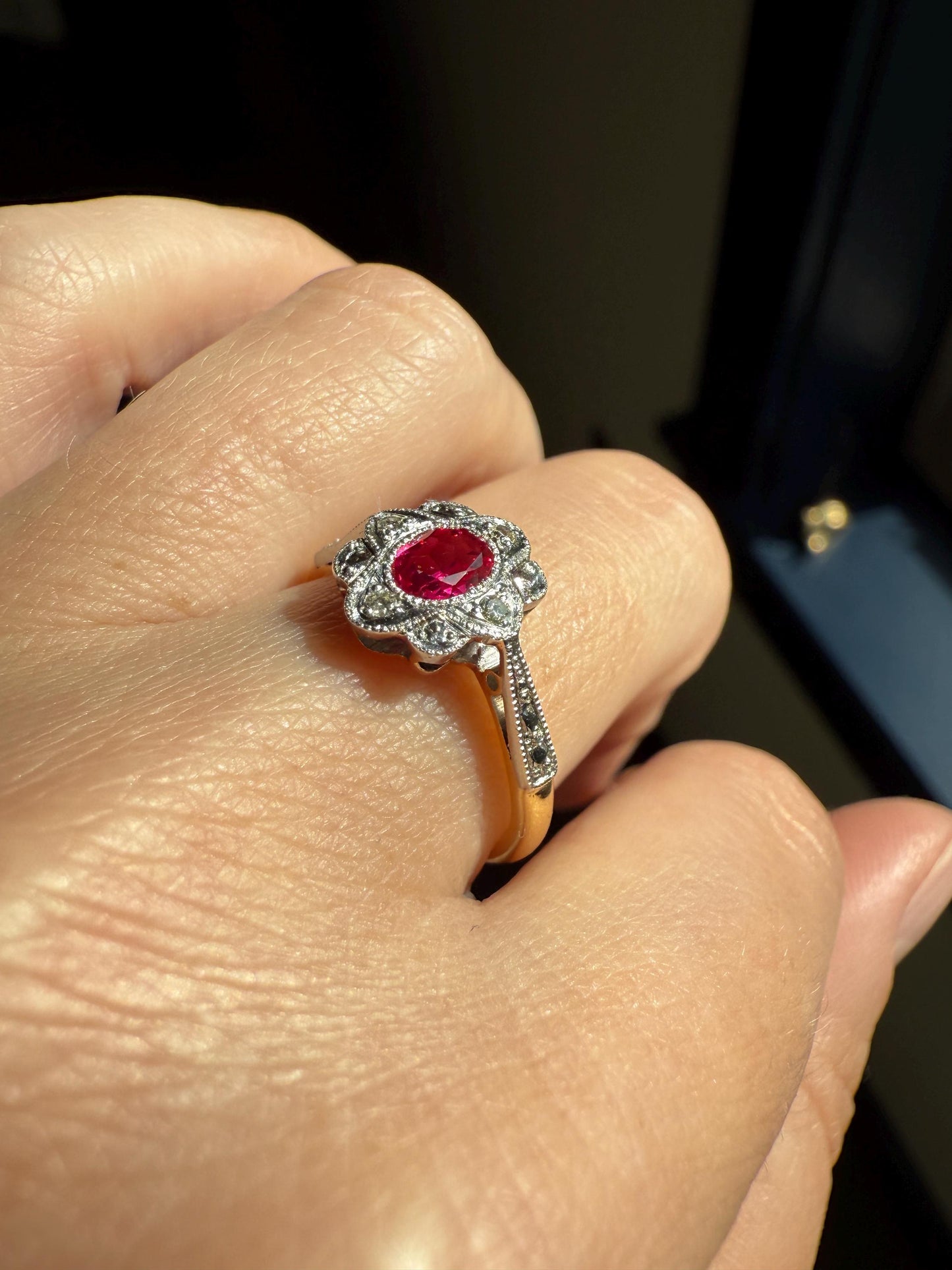 Antique Edwardian Pink RUBY 18k Gold Fuchsia Oval Old Cut Diamond Scalloped Halo Belle Epoque Stacker Colorful Geometric Romantic Gift