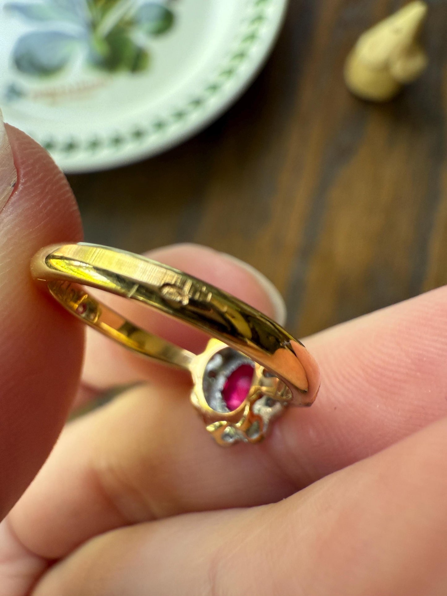 Antique Edwardian Pink RUBY 18k Gold Fuchsia Oval Old Cut Diamond Scalloped Halo Belle Epoque Stacker Colorful Geometric Romantic Gift