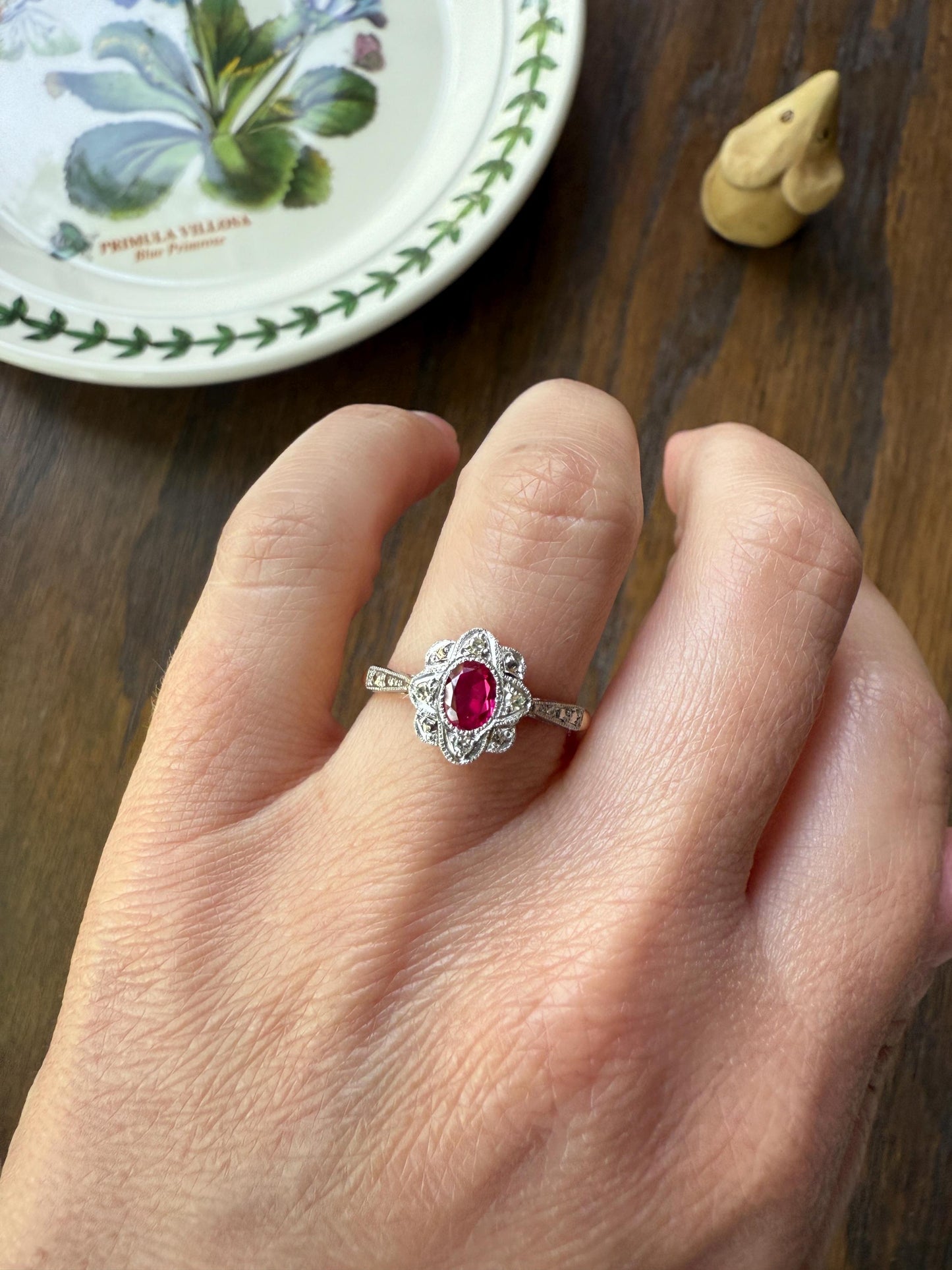 Antique Edwardian Pink RUBY 18k Gold Fuchsia Oval Old Cut Diamond Scalloped Halo Belle Epoque Stacker Colorful Geometric Romantic Gift