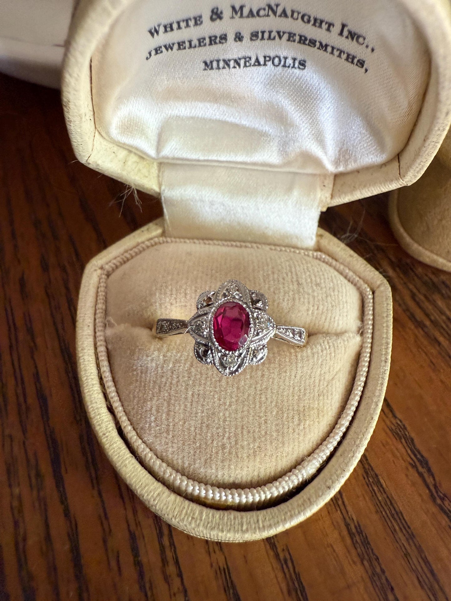 Antique Edwardian Pink RUBY 18k Gold Fuchsia Oval Old Cut Diamond Scalloped Halo Belle Epoque Stacker Colorful Geometric Romantic Gift