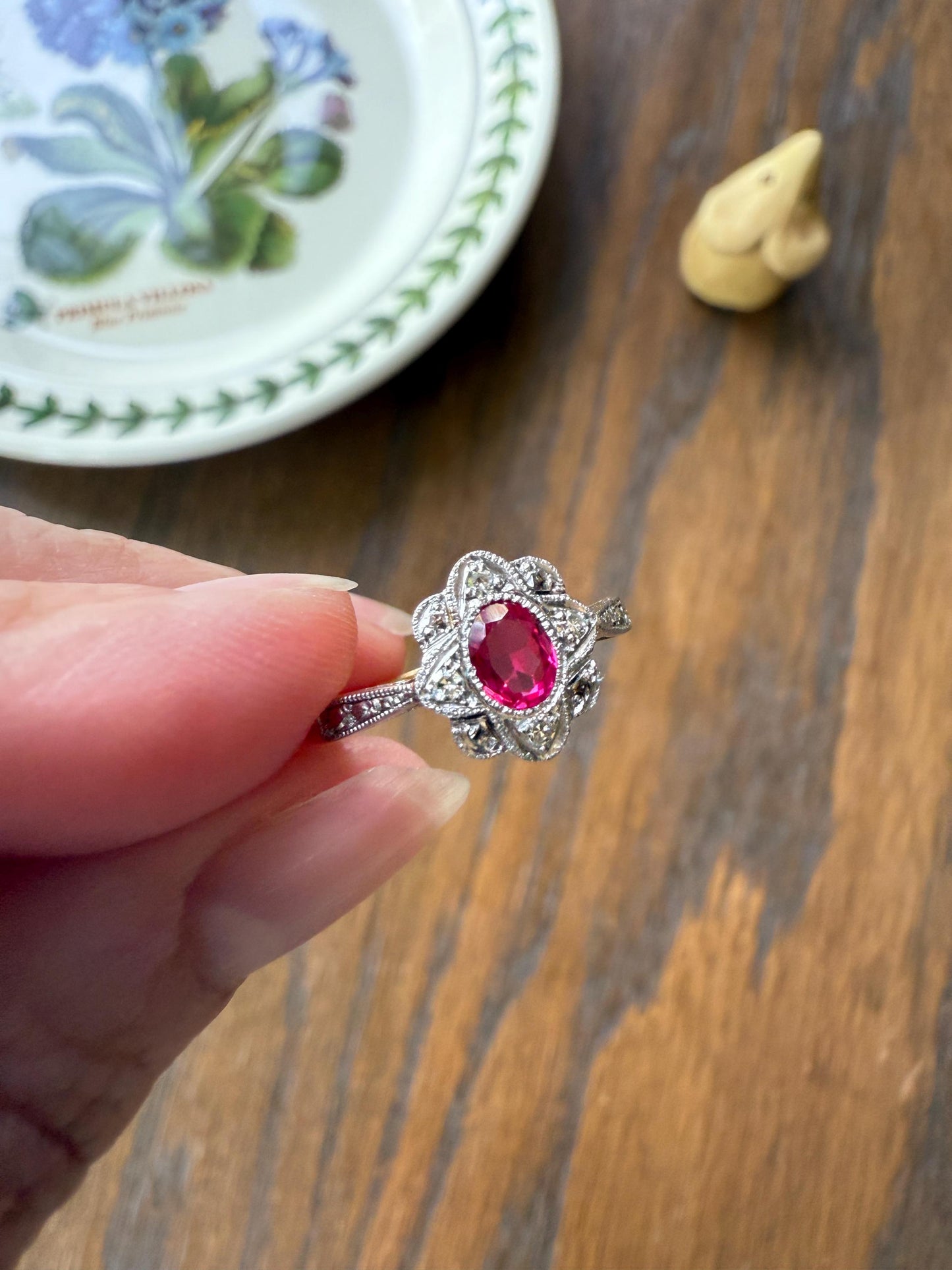 Antique Edwardian Pink RUBY 18k Gold Fuchsia Oval Old Cut Diamond Scalloped Halo Belle Epoque Stacker Colorful Geometric Romantic Gift