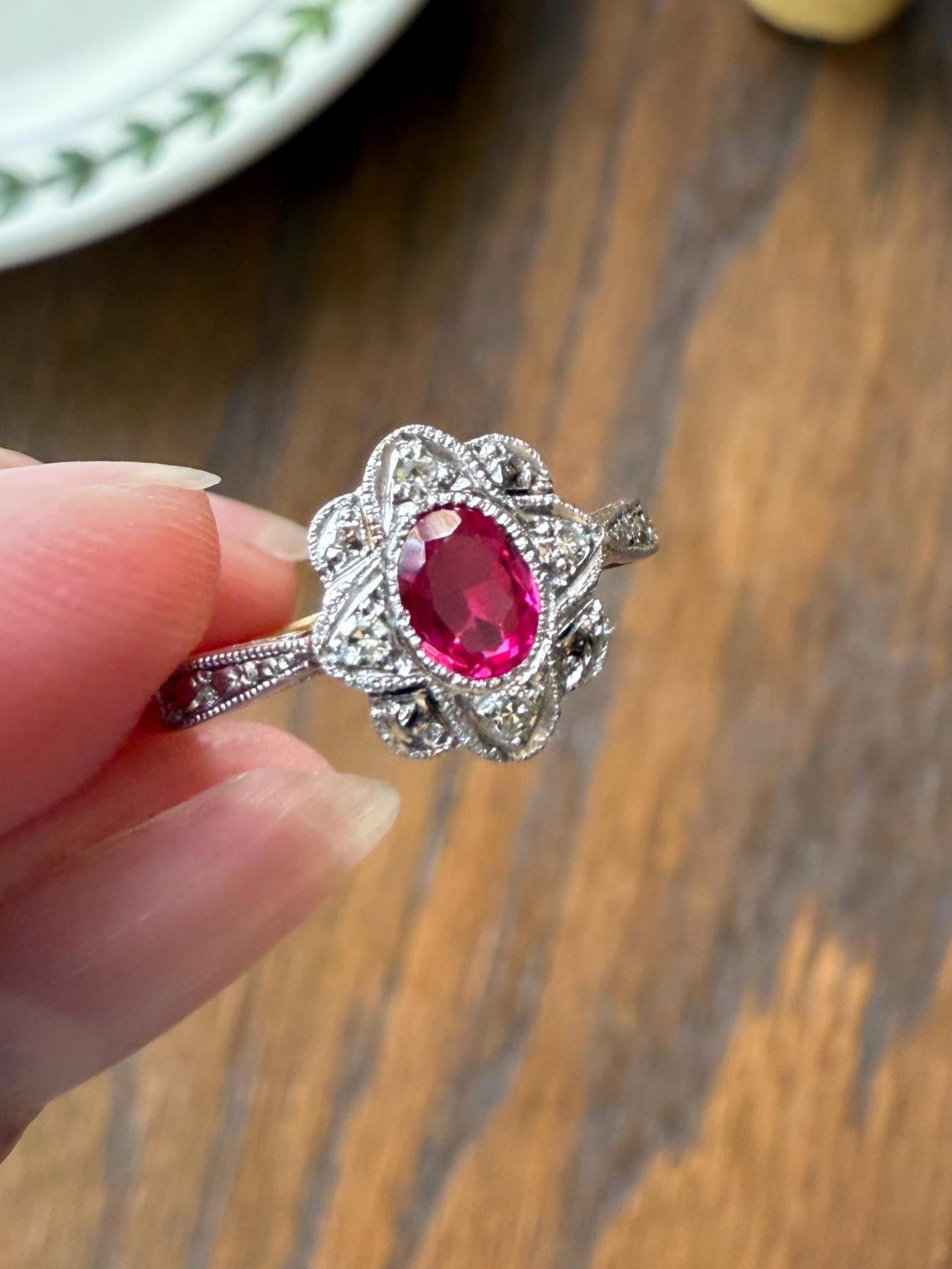 Antique Edwardian Pink RUBY 18k Gold Fuchsia Oval Old Cut Diamond Scalloped Halo Belle Epoque Stacker Colorful Geometric Romantic Gift